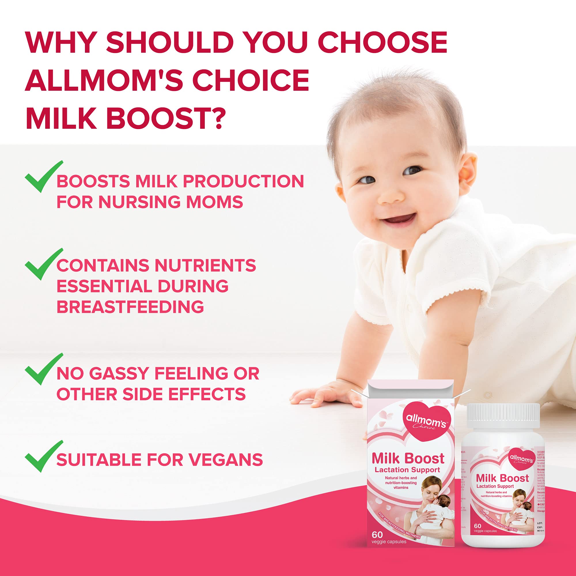 Complément de Lactation pour Augmenter le Lait Maternel, avec Fenugrec, Fenouil et Nutriments Essentiels, Sûr pour la Maman Allaitante et le Bébé - Approvisionnement de 30 Jours - Allmom's Choice