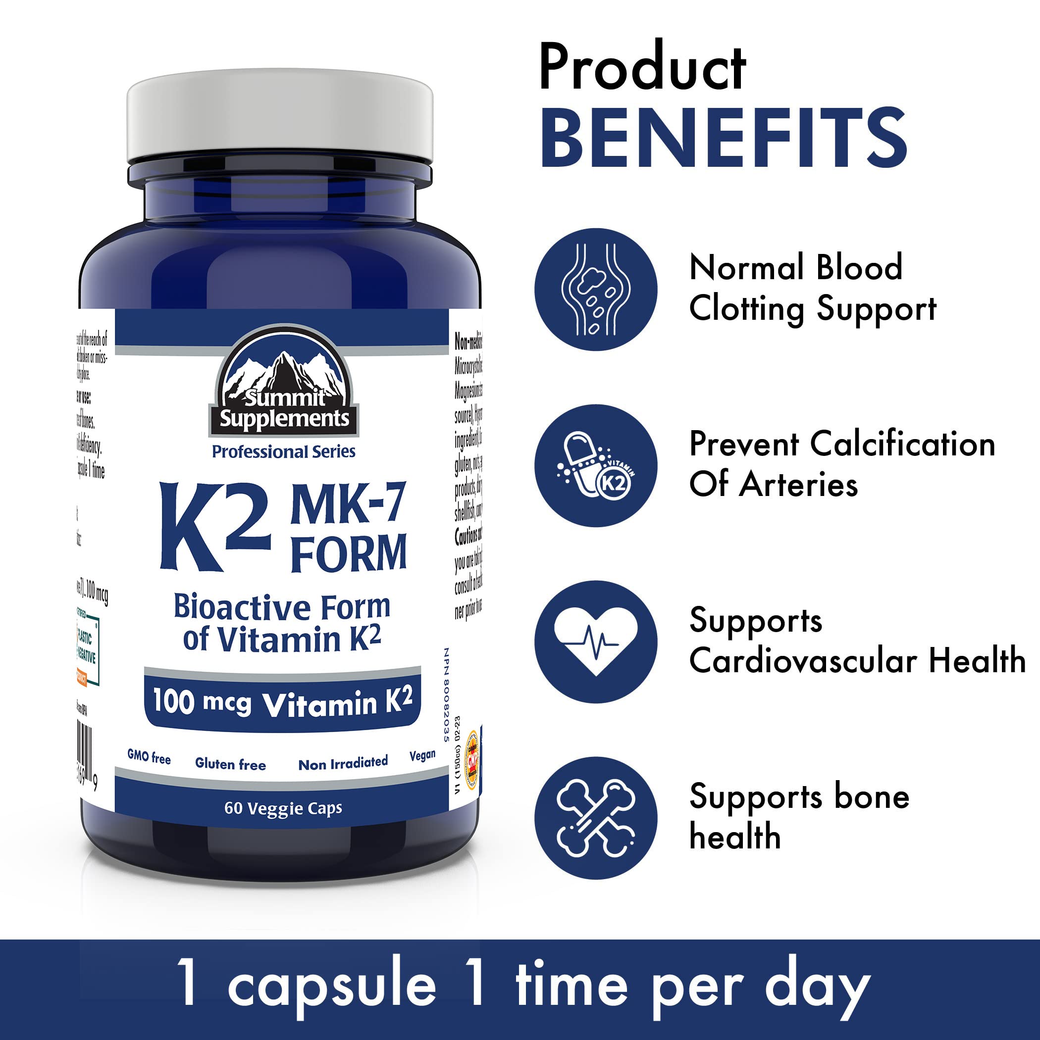 Vitamin K2 MK-7 - K2 Vitamin Supplement MK-7 Vitamin K-2 100 mcg - Heart Health - Cardiovascular Health - Blood Clotting - 3rd Party Tested - Formulated & Made in Canada
