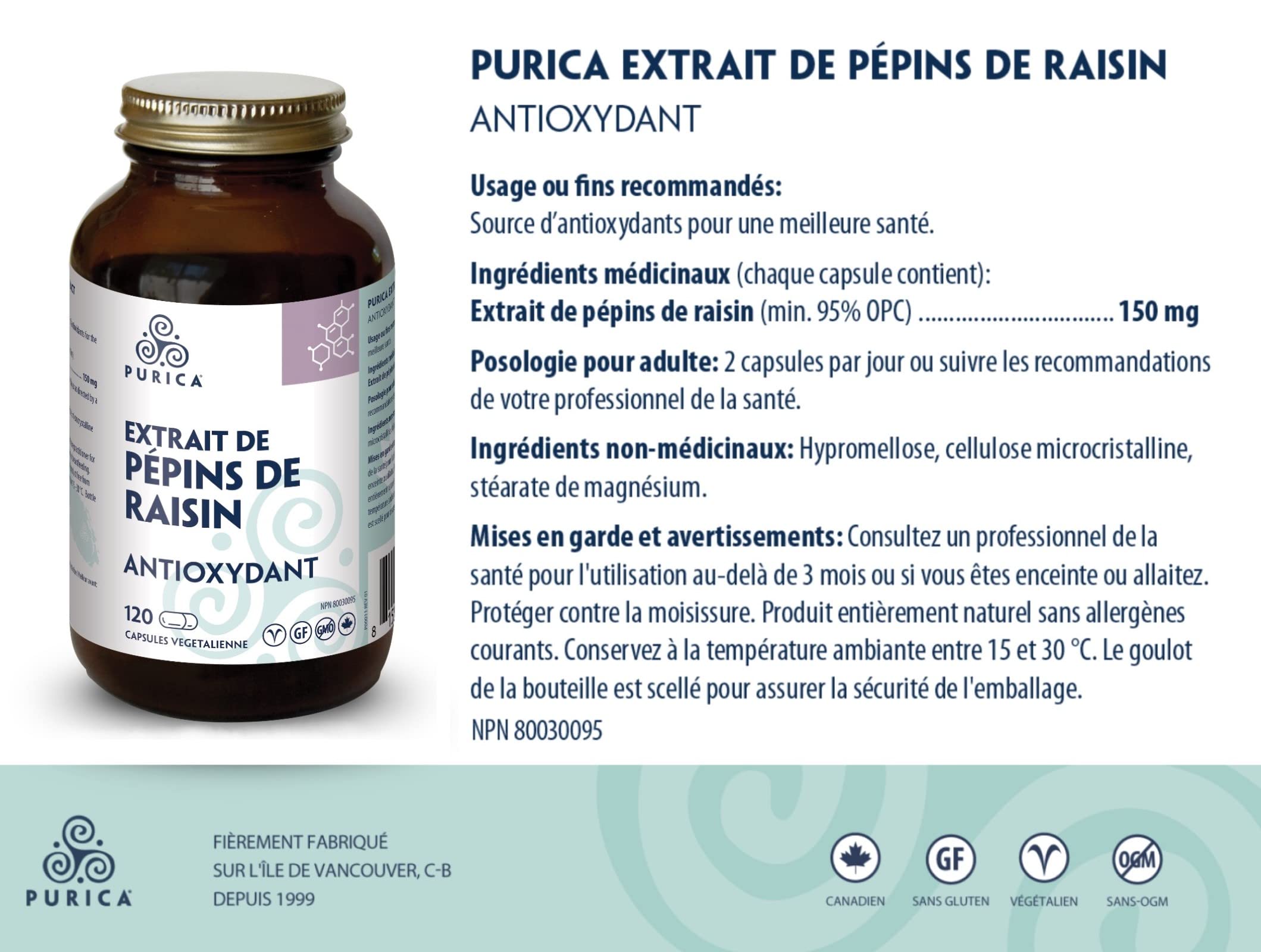 PURICA - Extrait de pépins de raisin, 120 capsules végétaliennes, cure de 60 jours - Source d'antioxydants pour le maintien d'une bonne santé, mélange concentré de proanthocyanidines standardisées - Sans OGM et sans gluten