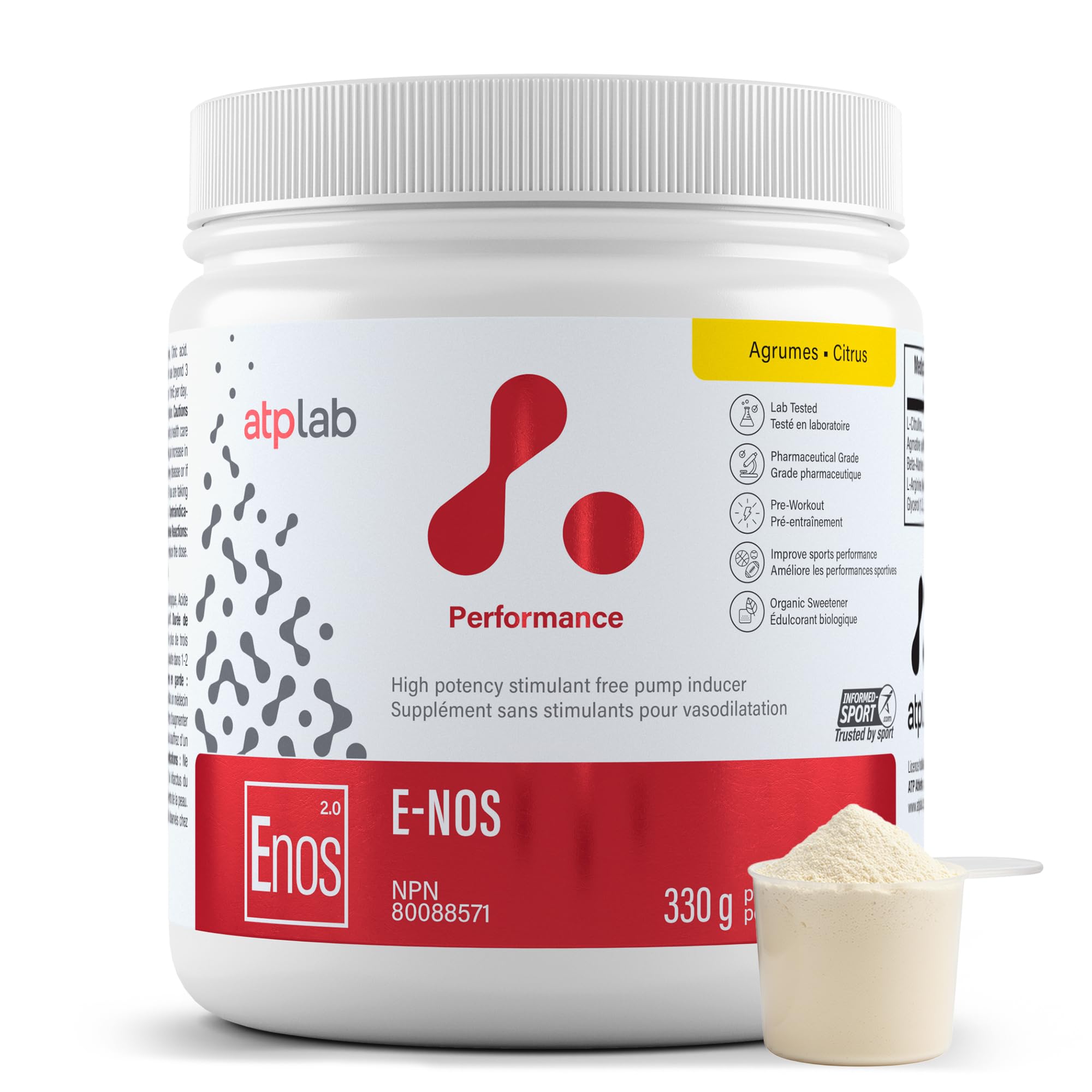 ATP LAB - E-Nos 330g Poudre Saveur Agrumes - Améliore la performance sportive, aide à maintenir et à soutenir la santé cardiovasculaire - Inducteur de pompe et Poudre Pre Workout