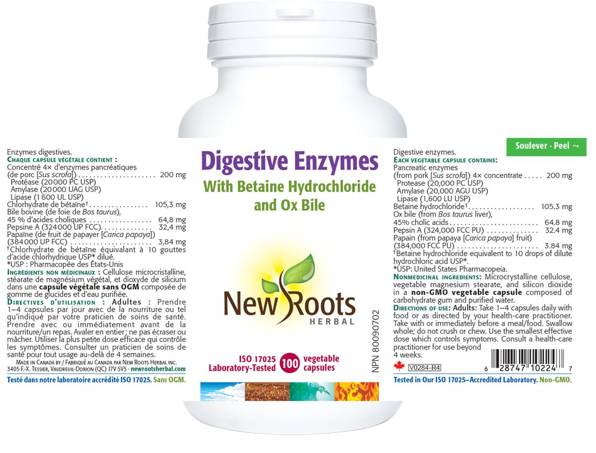 New Roots Herbal Digestive Enzymes, Betaine HCl, 100 Capsules