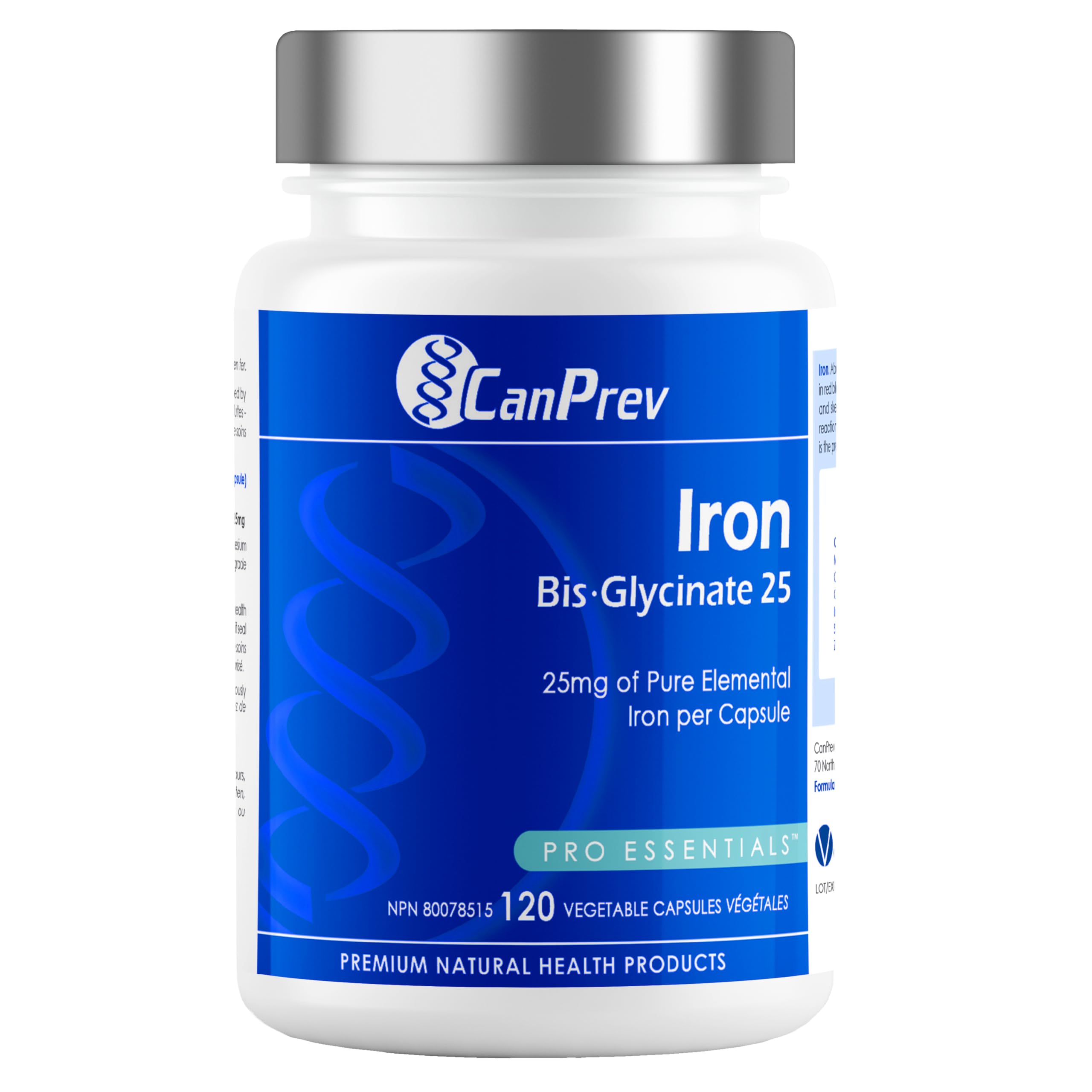 CanPrev Fer Bisglycinate 25, 120 gélules végétales — Approvisionnement de 120 jours — Supplément de fer chélaté végétalien et sans OGM — 25 mg de fer élémentaire pur — Conçu pour le confort et la facilité digestive — Favorise une absorption efficace