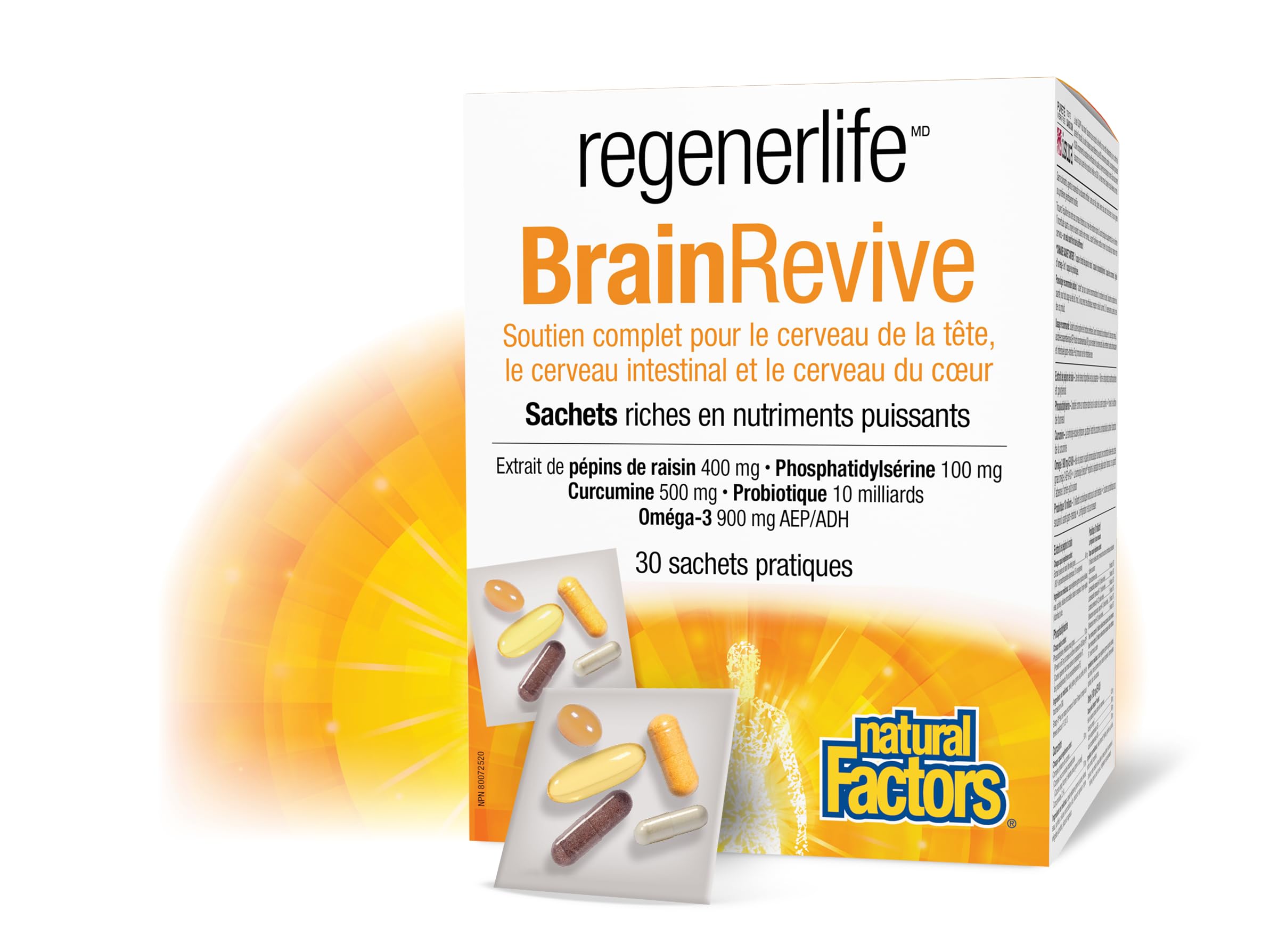 Natural Factors Regenerlife BrainRevive, 30 Convenient Packets, Five-in-One Supplement Kit, Daily Full Nutrient Packets Contain: Phosphatidylserine, Bioavailable Curcumin, Omega 3 EPA/DHA, Grapeseed Extract and High-Potency Five-Strain Probiotics, Support