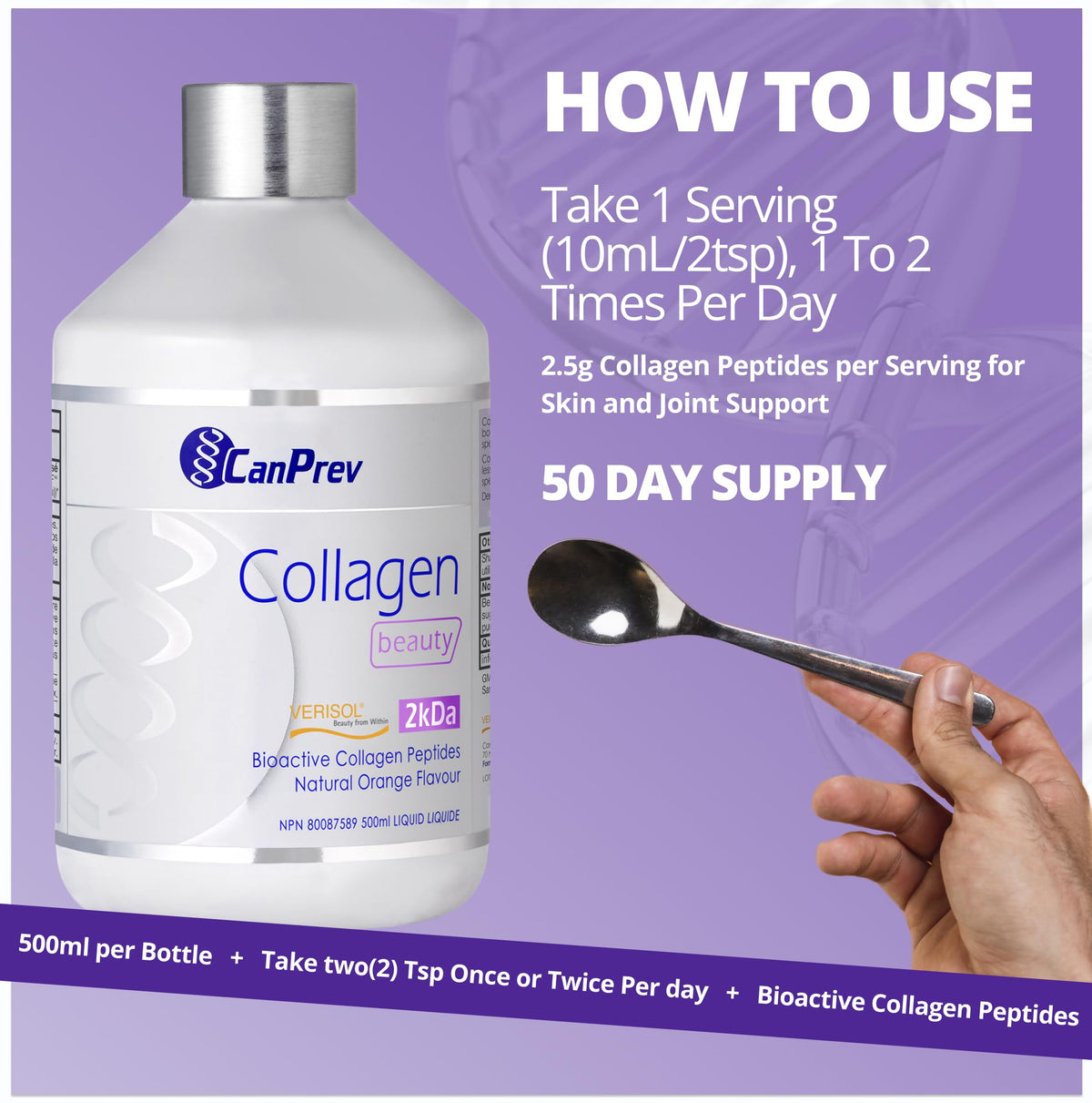 CanPrev Collagen Beauty Liquid, Hydrolyzed Peptides, 500 ml, 50 Day Supply