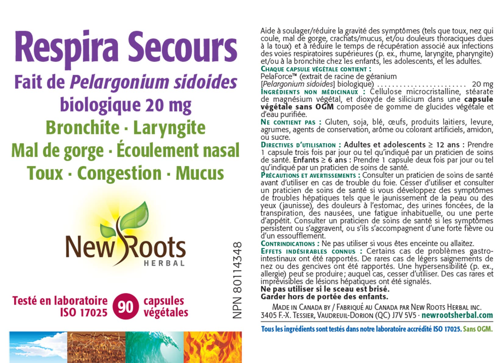 New Roots Herbal Respira ResQ 90 capsules végétales, approvisionnement de 30 jours, contient 20mg de Pelargonium Sidoides biologique, soutient la santé respiratoire, soulage les maux de gorge et la toux, aide à dégager le mucus, non-somnolent, sans OGM