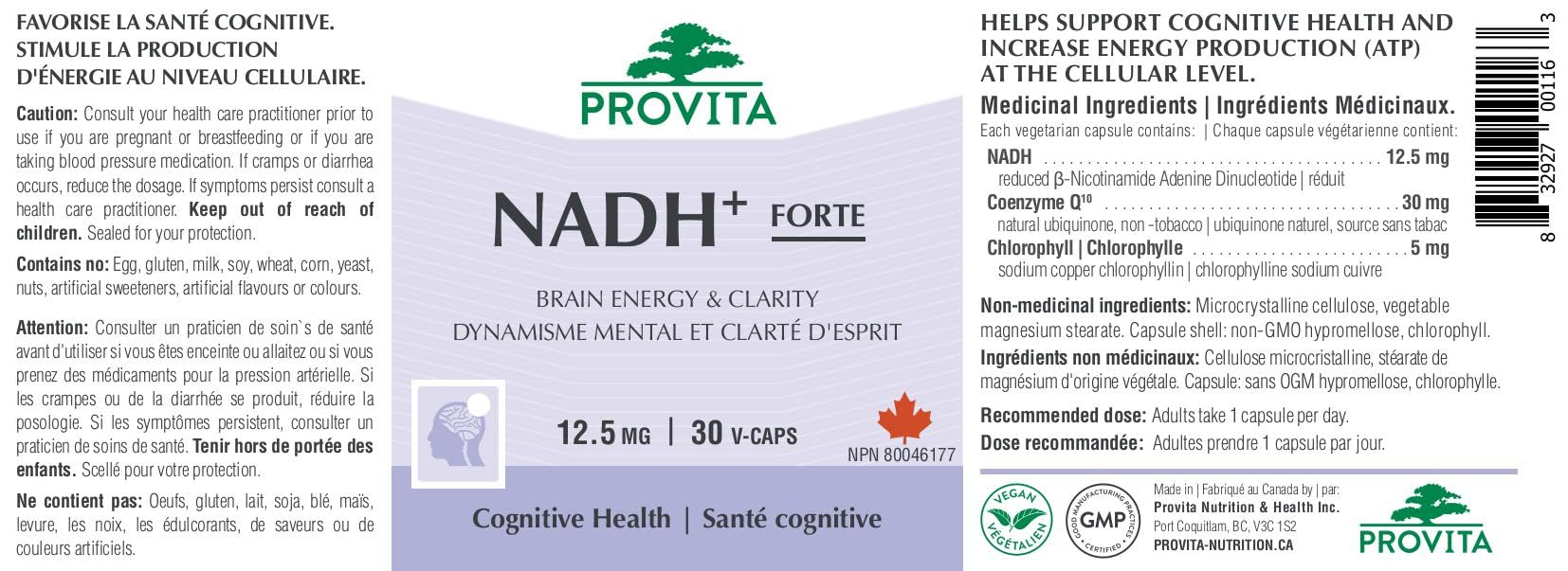 Provita NADH+ FORTE avec CoQ10 & Chlorophylle | Soutient la santé cognitive | Augmente le métabolisme énergétique cellulaire (ATP), le nicotinamide adénine dinucléotide (NAD) + l'hydrogène (H) | Formule à absorption et biodisponibilité améliorées