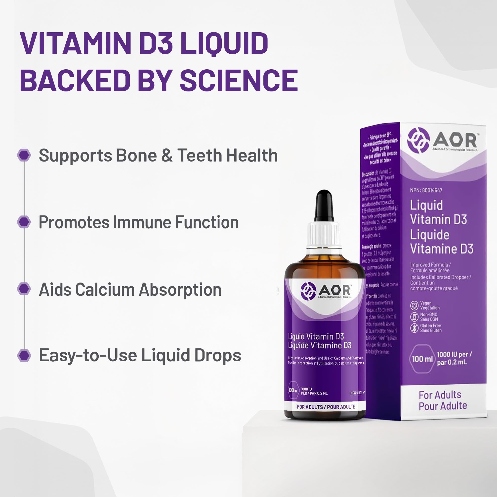 AOR - Vitamin D3 1000 IU, 50 ml Vdrops - Liquid Vitamin D3 Drops for Adults - Cholecalciferol Vitamin D3 with Calcium for Bone Health and Immune System Support - Vegan Vitamin D3 Supplement