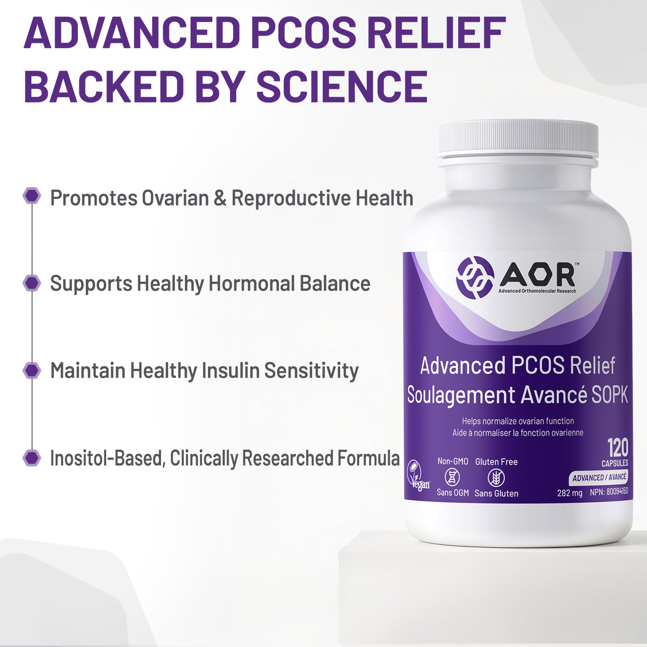 AOR - Advanced PCOS Support, 120 gélules (approvisionnement de 30 jours) - Supplément de Myo-Inositol et D-Chiro Inositol pour femmes - Favorise la santé ovarienne et l'équilibre du cycle menstruel - Formule SOPK pour femmes - Végane et sans OGM