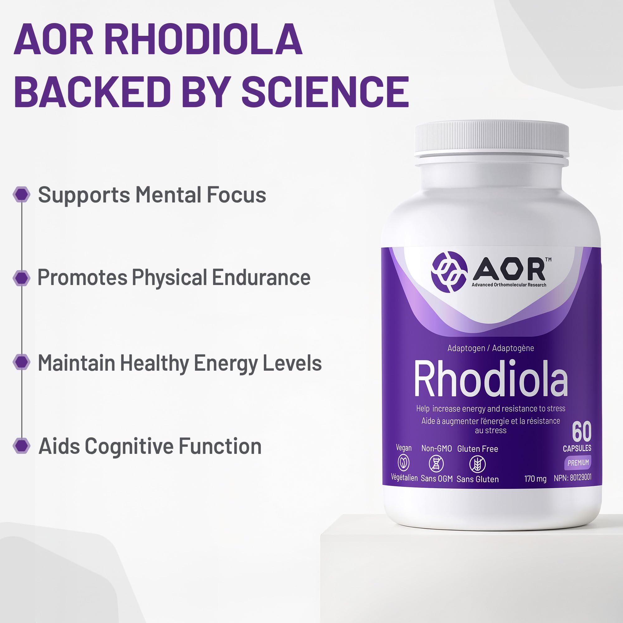 AOR Rhodiola Rosea 170mg - Soutien cognitif pour une concentration et une résilience améliorées, Rosavin et Salidroside, Favorise la clarté mentale et la vitalité physique, Végane, Sans OGM et Sans Gluten