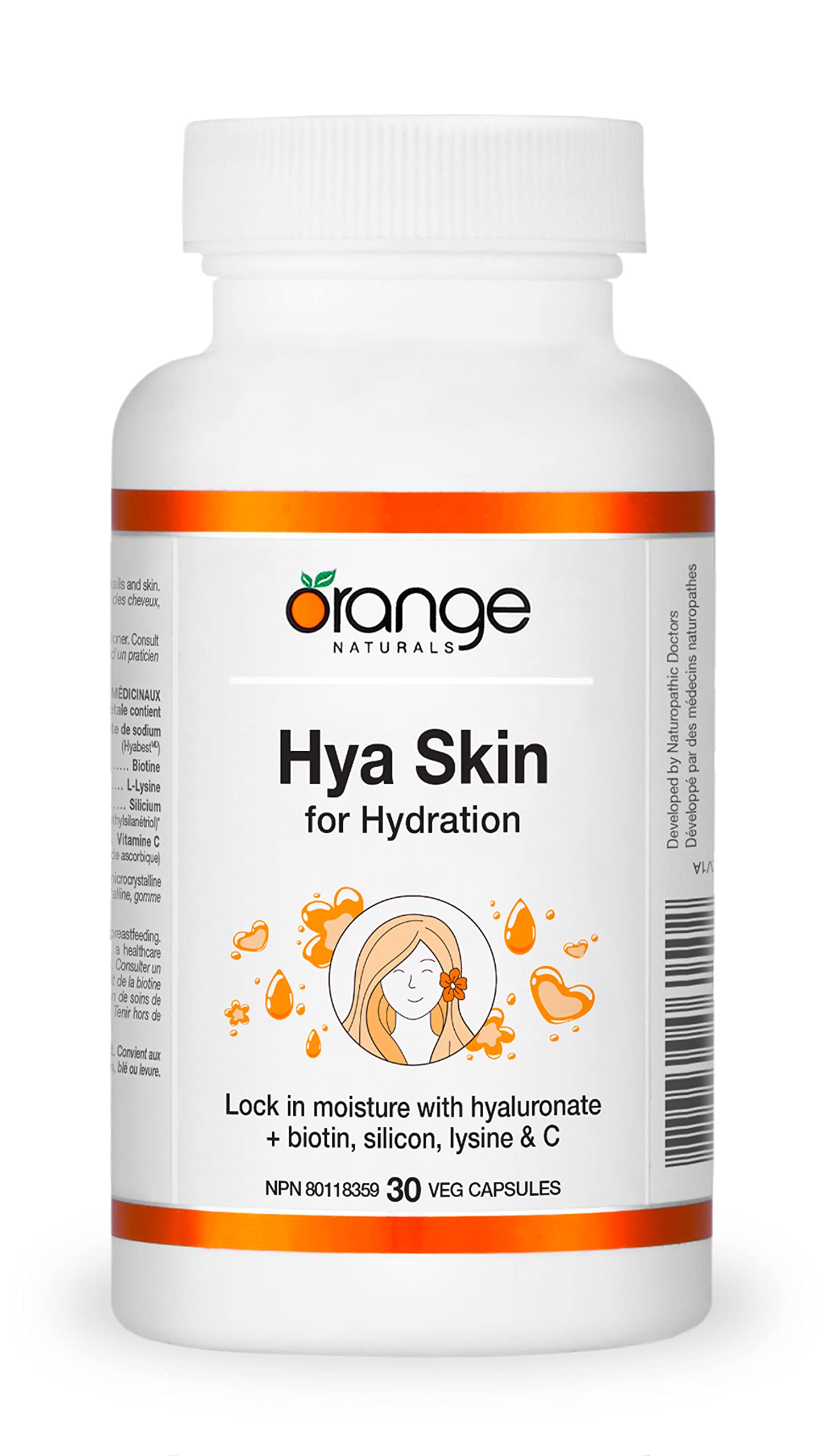 Orange Naturals Hya Skin pour l'hydratation, 30 capsules végétales, avec biotine, hyaluronate et silicium, nourrit les cheveux, la peau et les ongles, soutient l'hydratation et la formation de collagène, sans produits laitiers, sans gluten, sans OGM