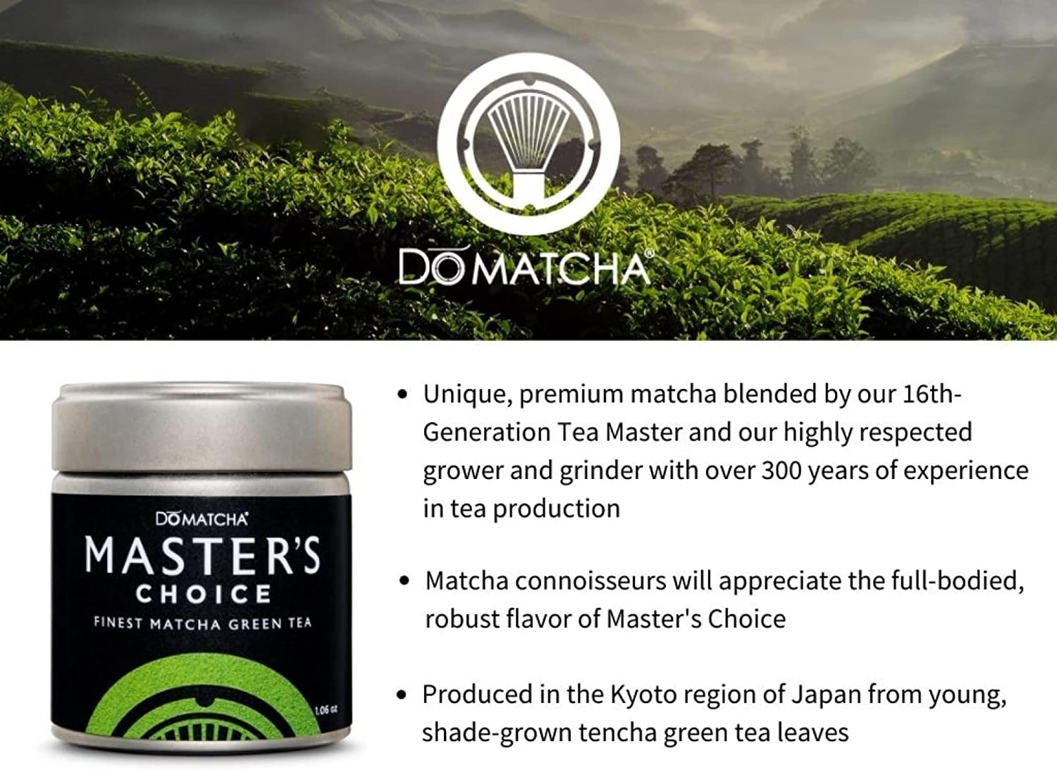 Poudre de Thé Vert Matcha Cérémonial de Qualité Supérieure Master's Choice de DoMatcha 30g, 25 Portions - Matcha Conçu à Kyoto avec un Goût Riche, une Couleur Verte Vibrante, Idéal pour les Lattes, les Smoothies et la Pâtisserie, Certifié Casher