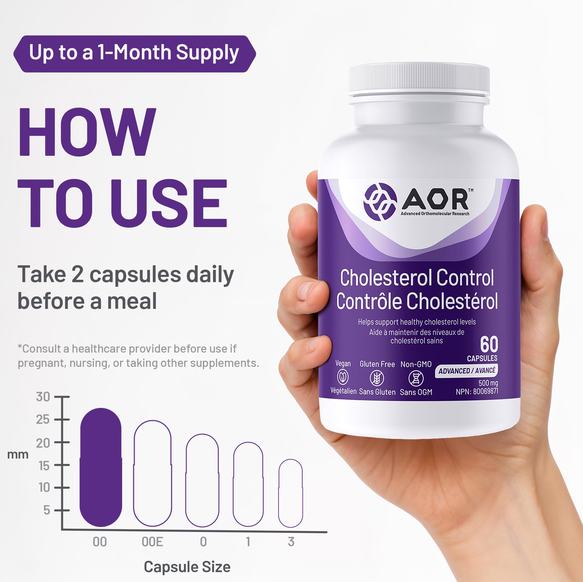 AOR Contrôle du cholestérol 500mg, 60 gélules, approvisionnement de 30 jours - Supplément de bergamote d'agrumes pour des niveaux de cholestérol équilibrés, soutient un métabolisme lipidique sain - Formule sans OGM et végétalienne pour la santé cardiaque
