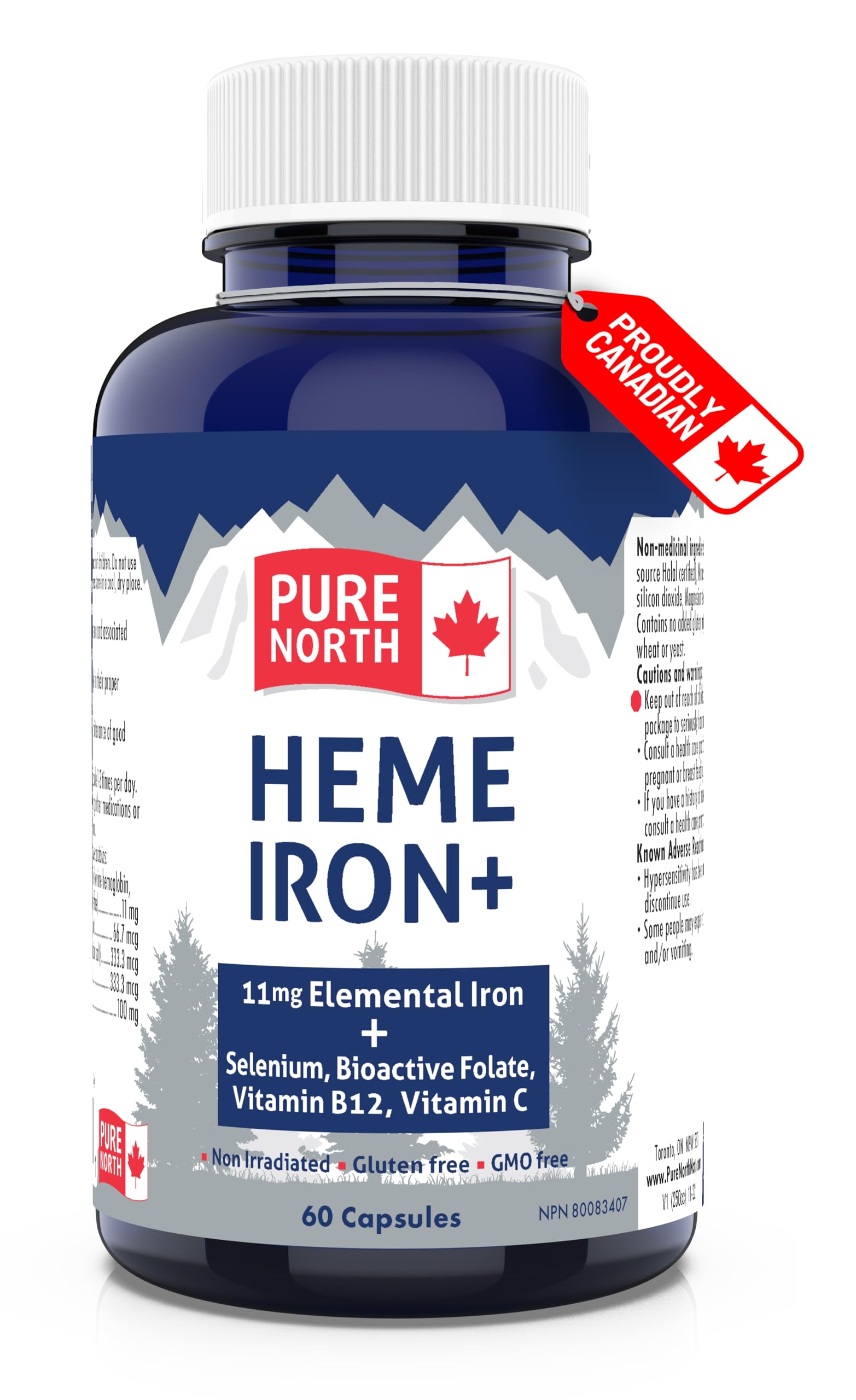 Pure North Naturals - Supplément de Fer Héminique, 60 capsules (pour 60 jours) - 11 mg de Fer Élémentaire + Sélénium, Folate Bioactif, Vitamine B12, Vitamine C - Testé par une Tierce Partie - Formulé et Fabriqué au Canada