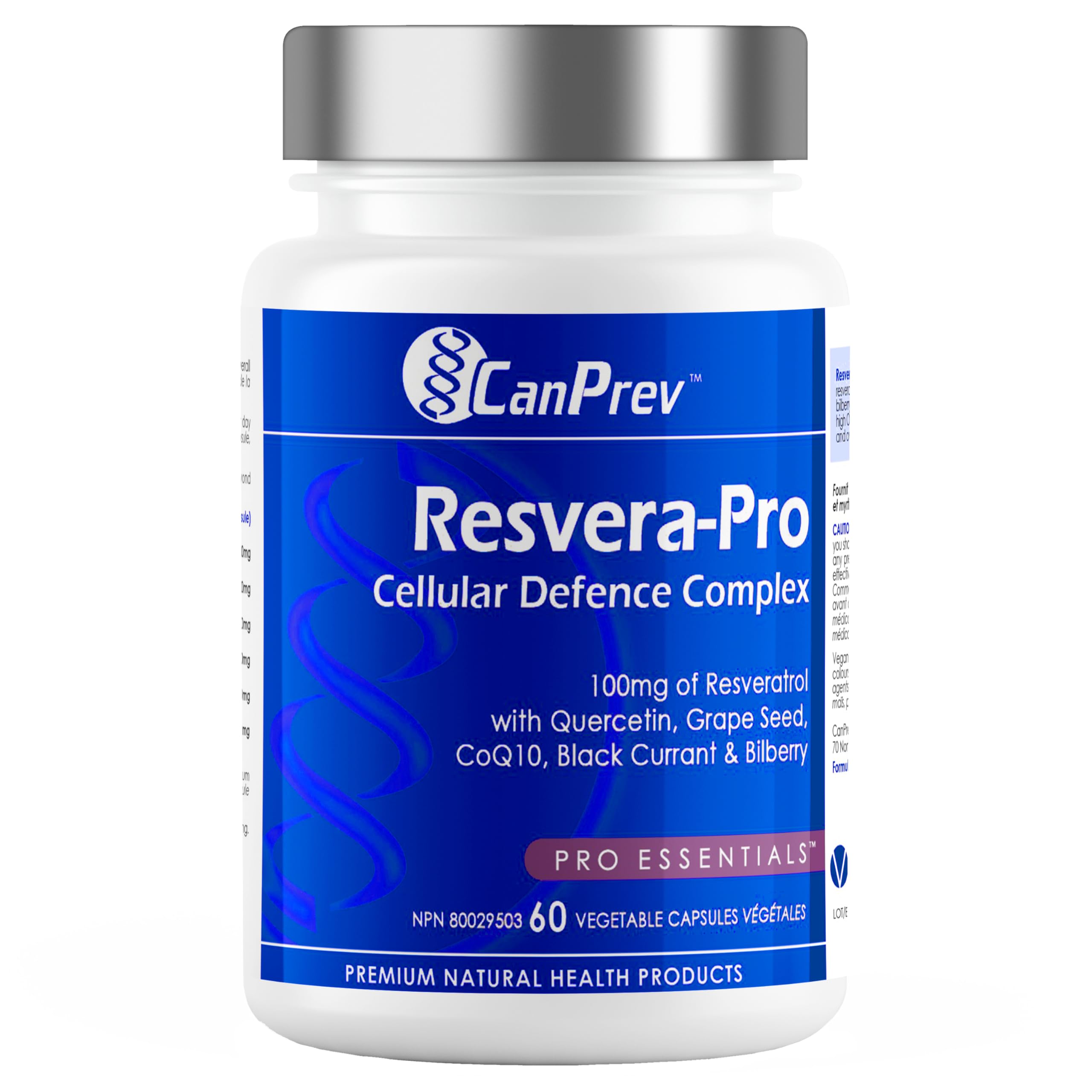 CanPrev Resvera-Pro Resvératrol, 60 capsules végétales Approvisionnement de 60 jours - Végane, sans OGM et sans gluten - Coenzyme Q10 - 100mg de resvératrol avec quercétine, pépins de raisin, cassis et myrtille - Un mélange d'antioxydants