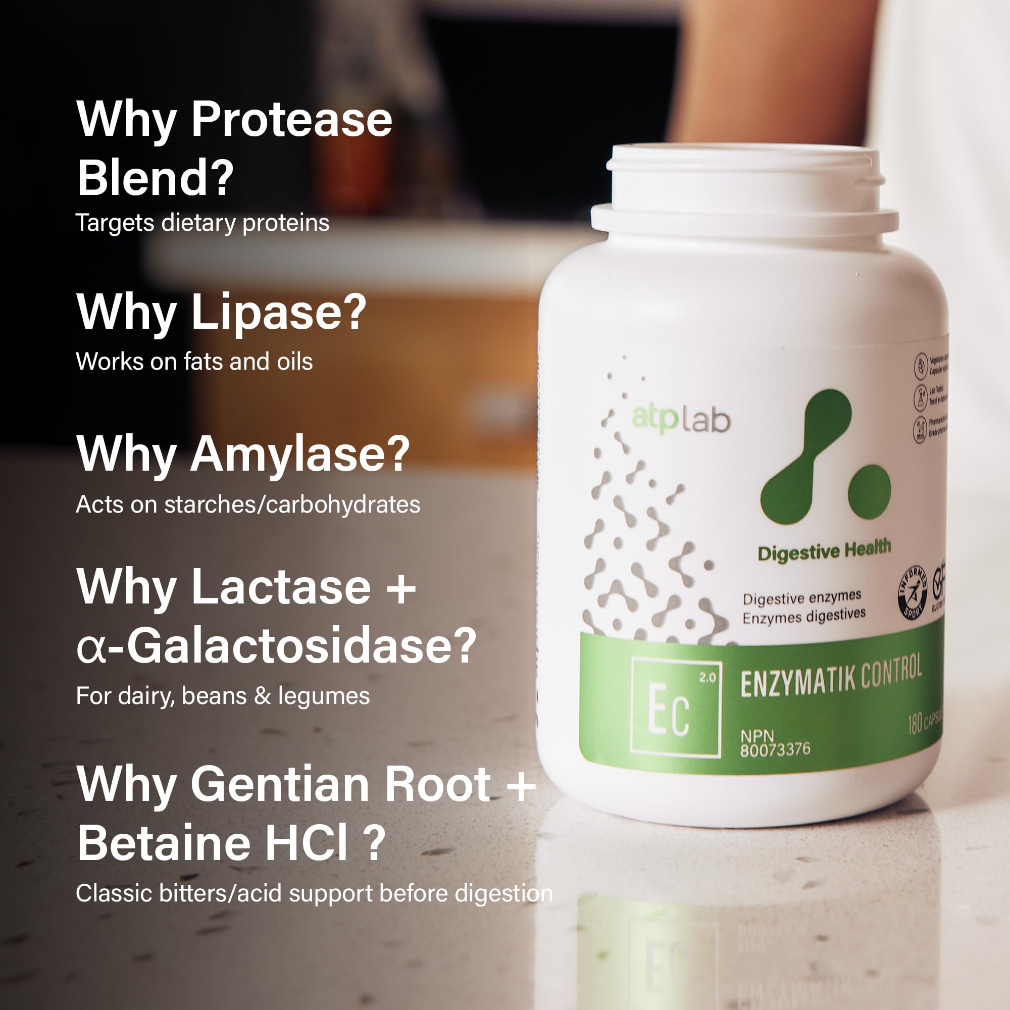ATP LAB - Enzymatik Control 180 capsules, 180 jours d'approvisionnement - Supplément d'enzymes digestives - Santé digestive - Soulagement des gaz pour adultes - Enzymes digestives - Testé par une tierce partie