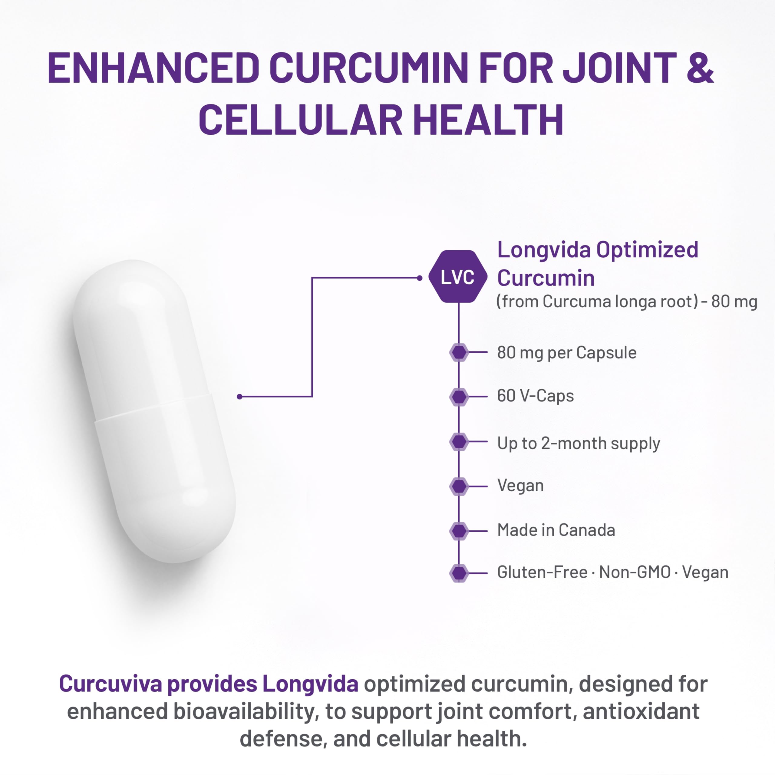 AOR CurcuVIVA 80mg, 60 Caps 60-Day Supply - Curcumin Longvida Formula for Joint Support & Comfort, Immune Support, Enhanced Absorption Turmeric Curcumin Supplement - Vegan, Non-GMO and Gluten-Free