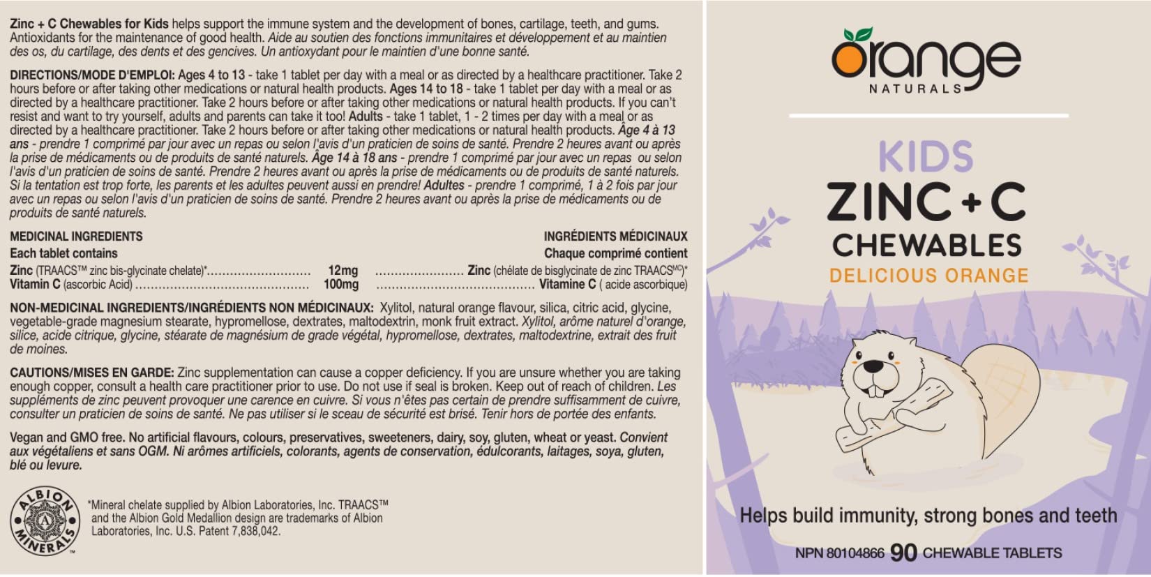 Orange Naturals Kids Zinc + Vitamin C, 90 Chewable Tablets, 90-Day Supply with 12mg Zinc & 100mg Vitamin C, Helps Build Immunity, Strong Bones and Teeth - Support Overall Wellness