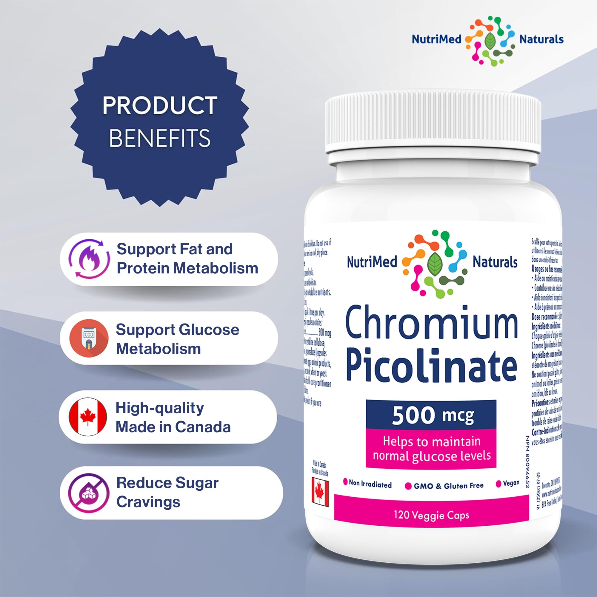 Nutrimed Naturals - Picolinate de chrome 500mcg, 120 Gélules pour 120 Jours - Soutien de la Glycémie et du Sucre Sanguin - Soutien de la Masse Musculaire et du Métabolisme - Testé par un Tiers - Formulé et Fabriqué au Canada