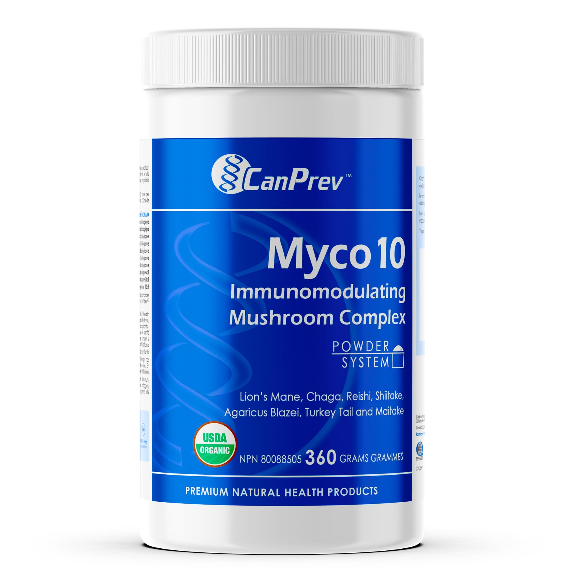 CanPrev Myco10 Immunomodulating Mushroom Complex 360g Powder 100-Servings - Turkey Tail, Lions Mane, Chaga, Reishi, Shiitake, Agaricus Blazei & Maitake Mushroom Powder - Vegan, GMO-free, & Gluten-free