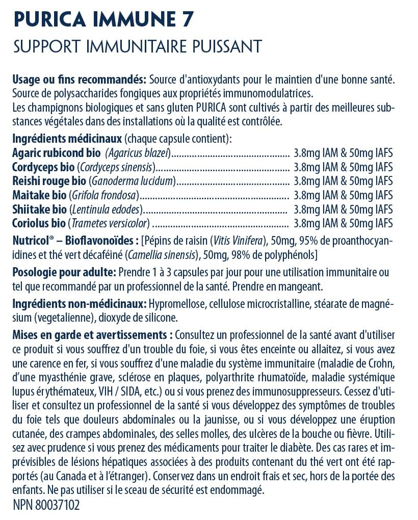 PURICA Complexe Immunitaire 7, 60 gélules - Soutien immunitaire complet avec Coriolus versicolor, Cordyceps, Reishi, Maitake, Shiitake, Champignon du Soleil - Vitalité à spectre complet, Améliore la santé et le bien-être