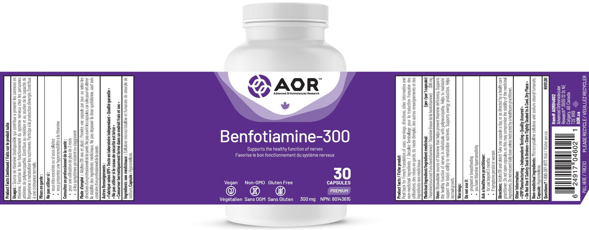 AOR Benfotiamine-300, 30 Capsules, Vitamin B1, Vegan, Gluten Free, Unflavoured, Metabolism Improvement, One a Day