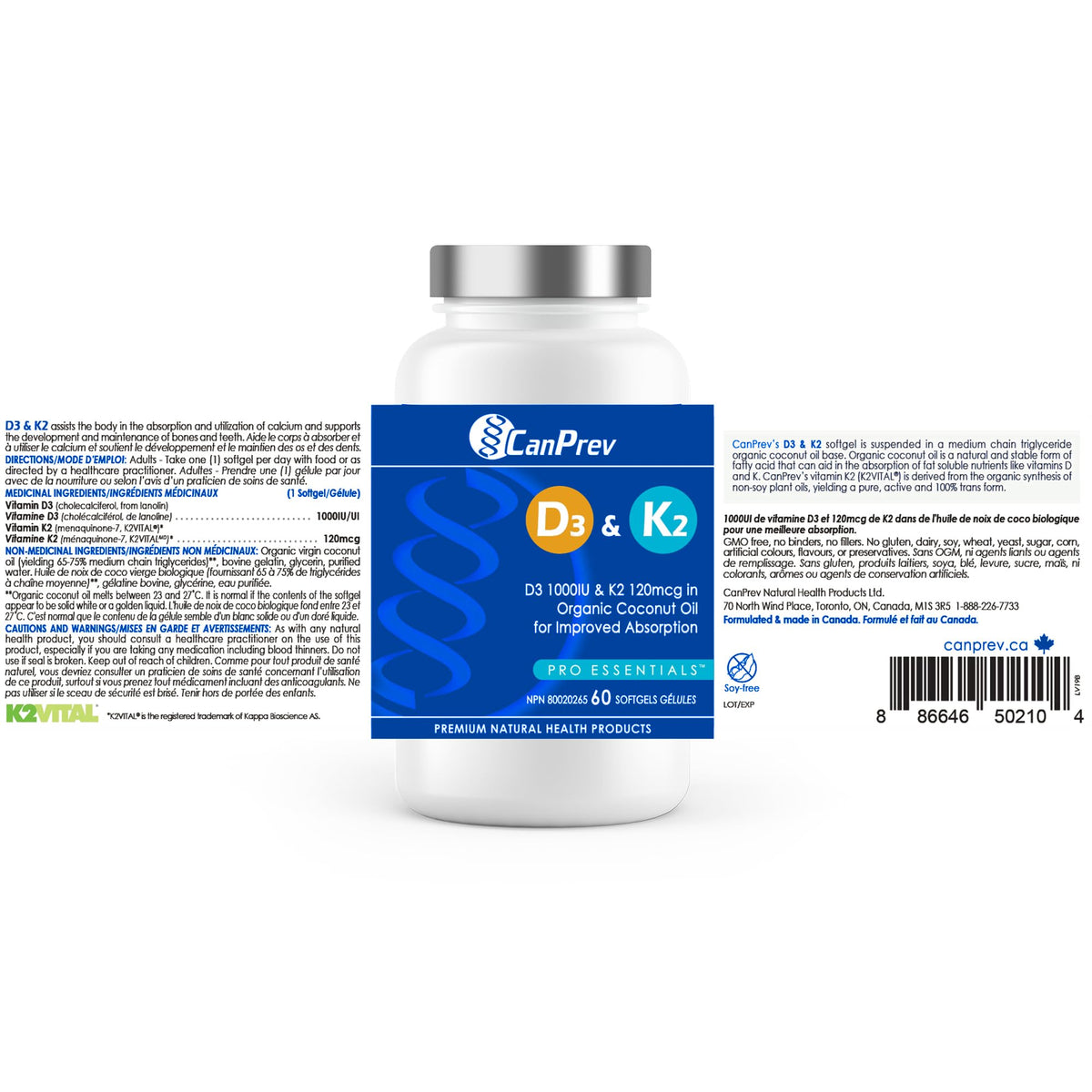 CanPrev Vitamin D3 K2 Supplement, Coconut Oil, 60 Softgels, 60 Day Supply