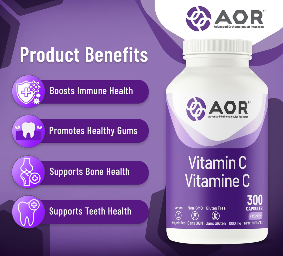 AOR Vitamin C 1000mg Vegan Capsules, Non-GMO, 300 Capsules, 10 Month Supply