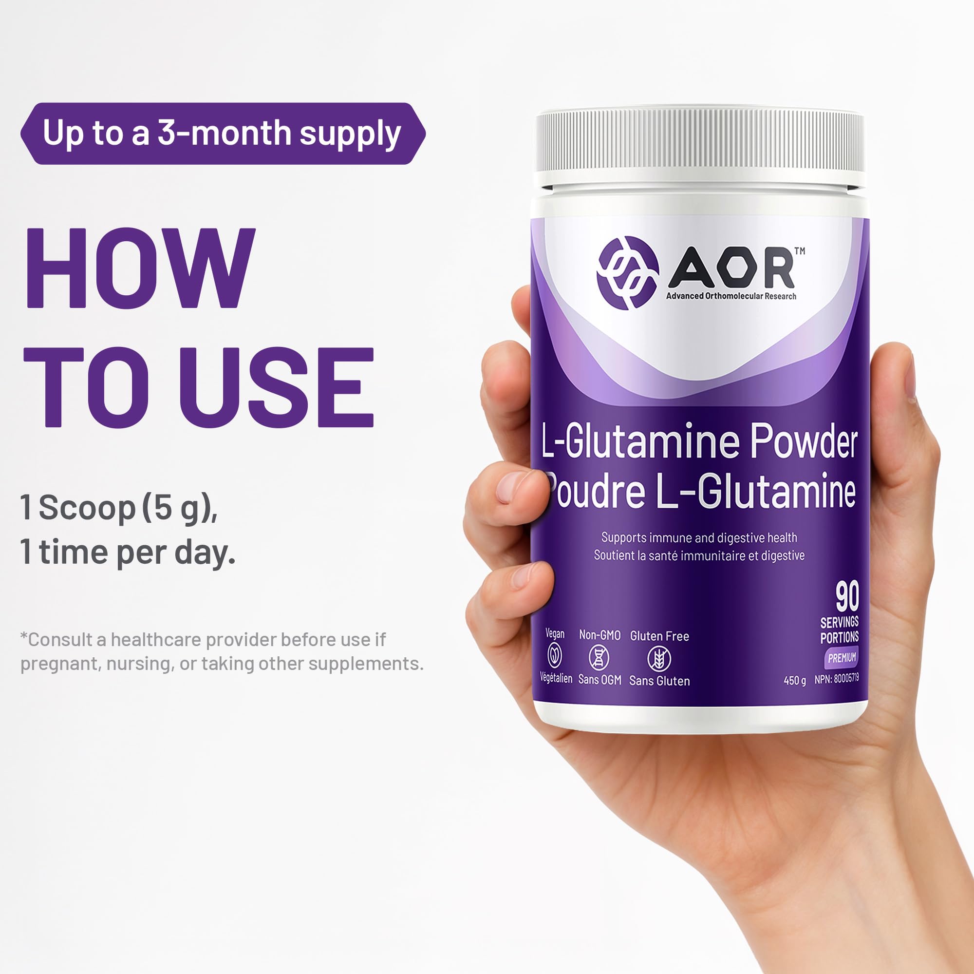 AOR L-Glutamine Powder 5000mg, 450g 90 Servings - L-Glutamine Supplement, Supports Digestive Comfort, Recovery & Overall Wellness, Vegan and Non-GMO, Trusted Choice Recommended by Professionals