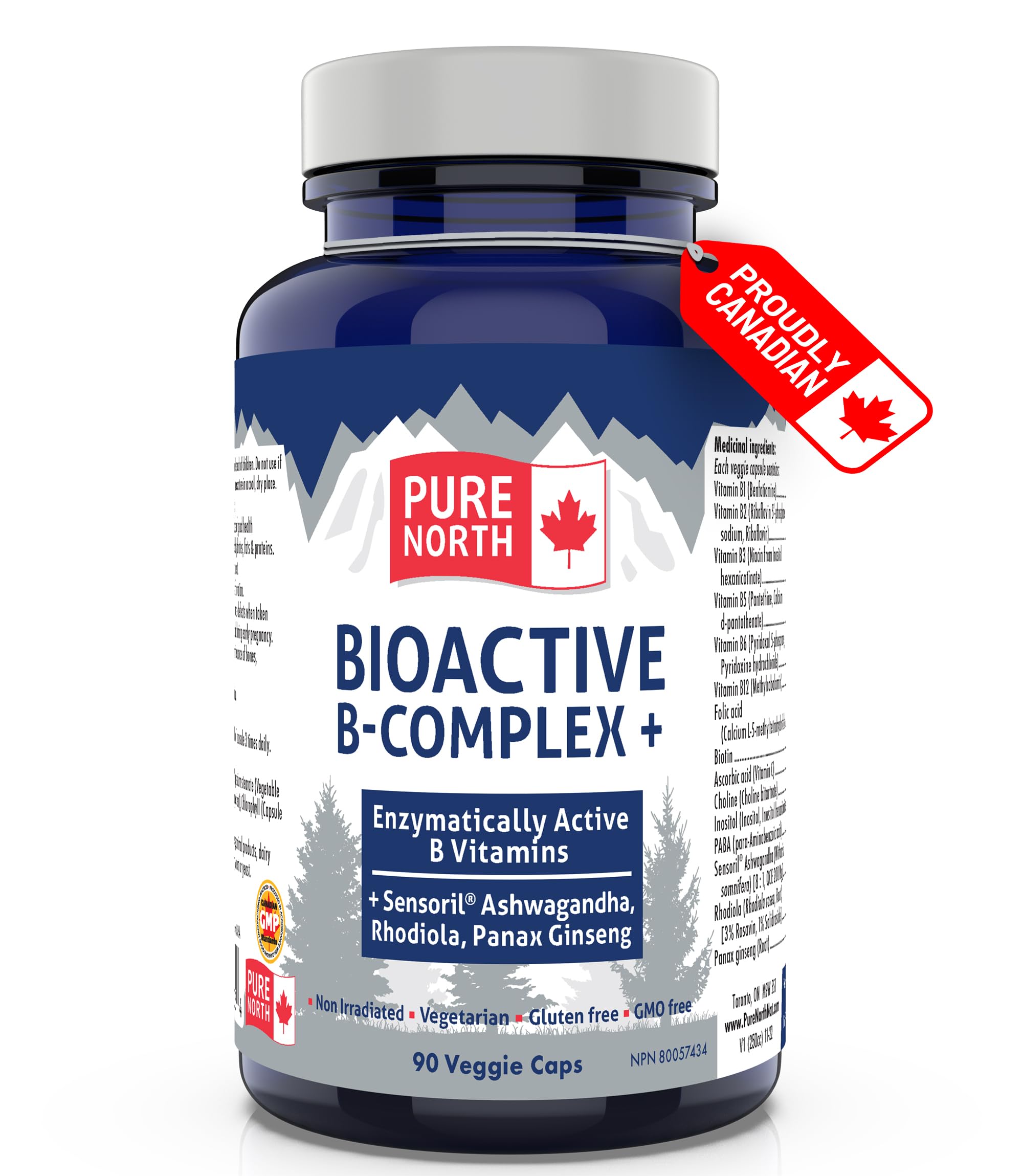 Pure North Naturals - Bioactive B-Complex Vitamin Supplement 90 Caps 30-Day Supply - Enzymatically Active Sensoril Ashwagandha, Rhodiola, Panax Ginseng - 3rd Party Tested - Formulated & Made in Canada
