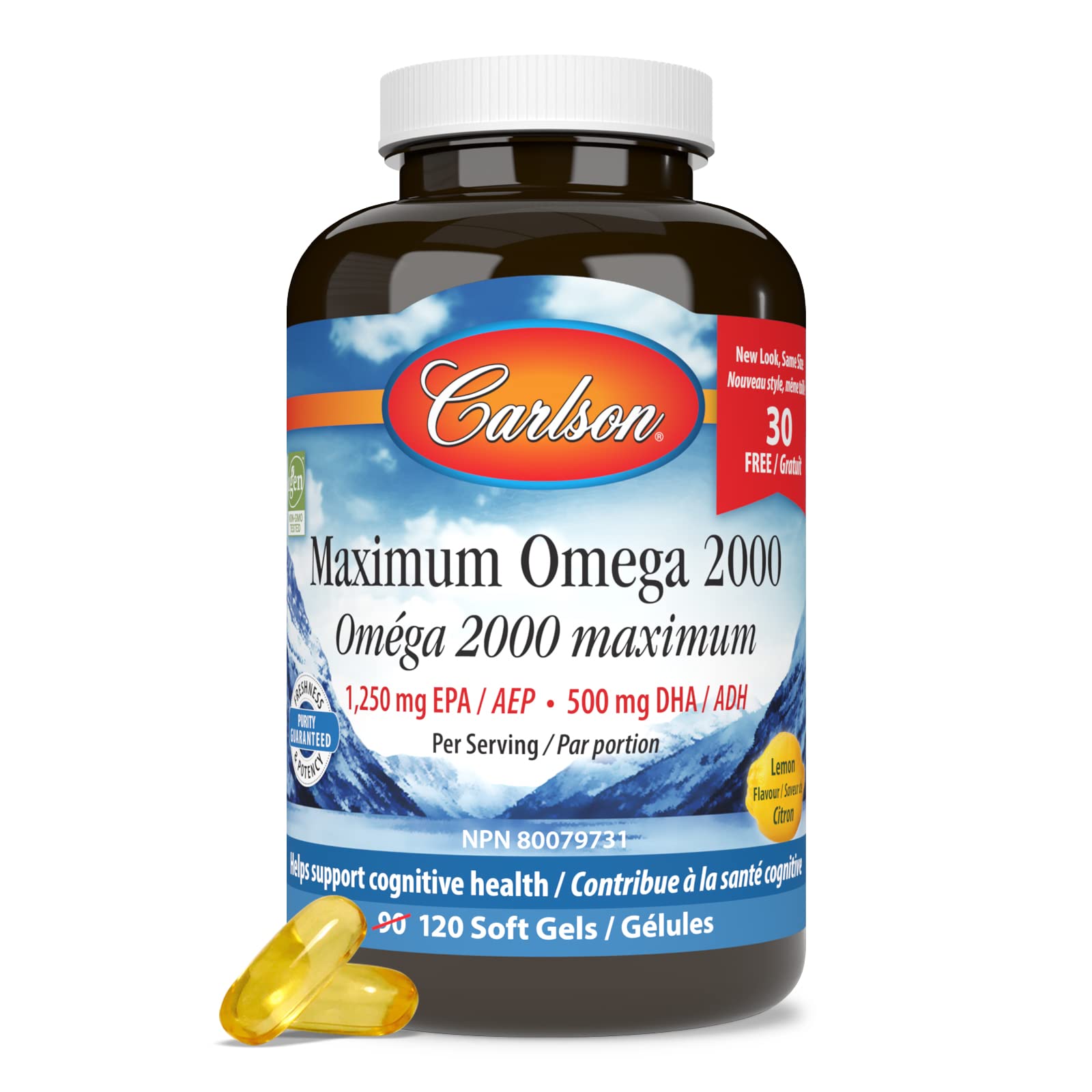 Carlson - Maximum Oméga 2000, 2000 mg d'acides gras Oméga-3 dont EPA et DHA, Pêche sauvage, Complément d'huile de poisson norvégienne, Capsules d'huile de poisson issues de sources durables, Citron, 90+30 Gélules
