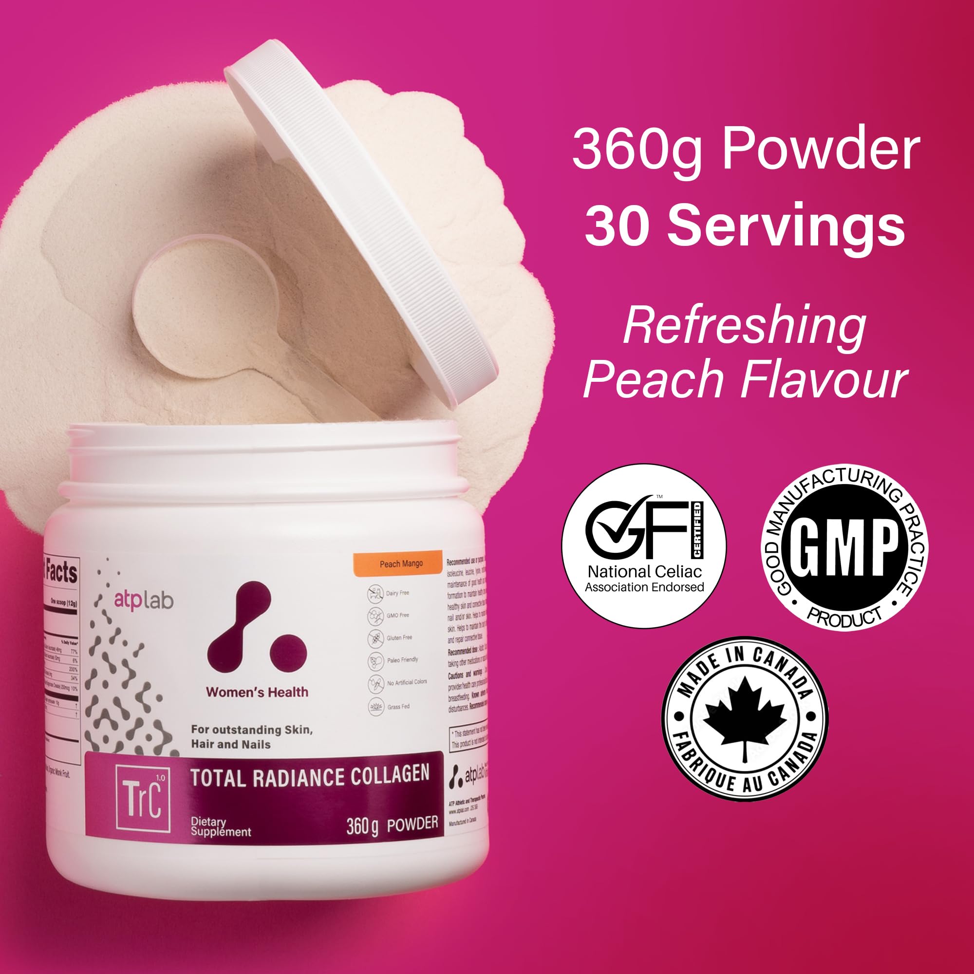 ATP LAB - Total Radiance Collagène 360g - Poudre de protéines de collagène pour femmes - Pour la peau, les cheveux et les ongles - Suppléments de collagène pour femmes