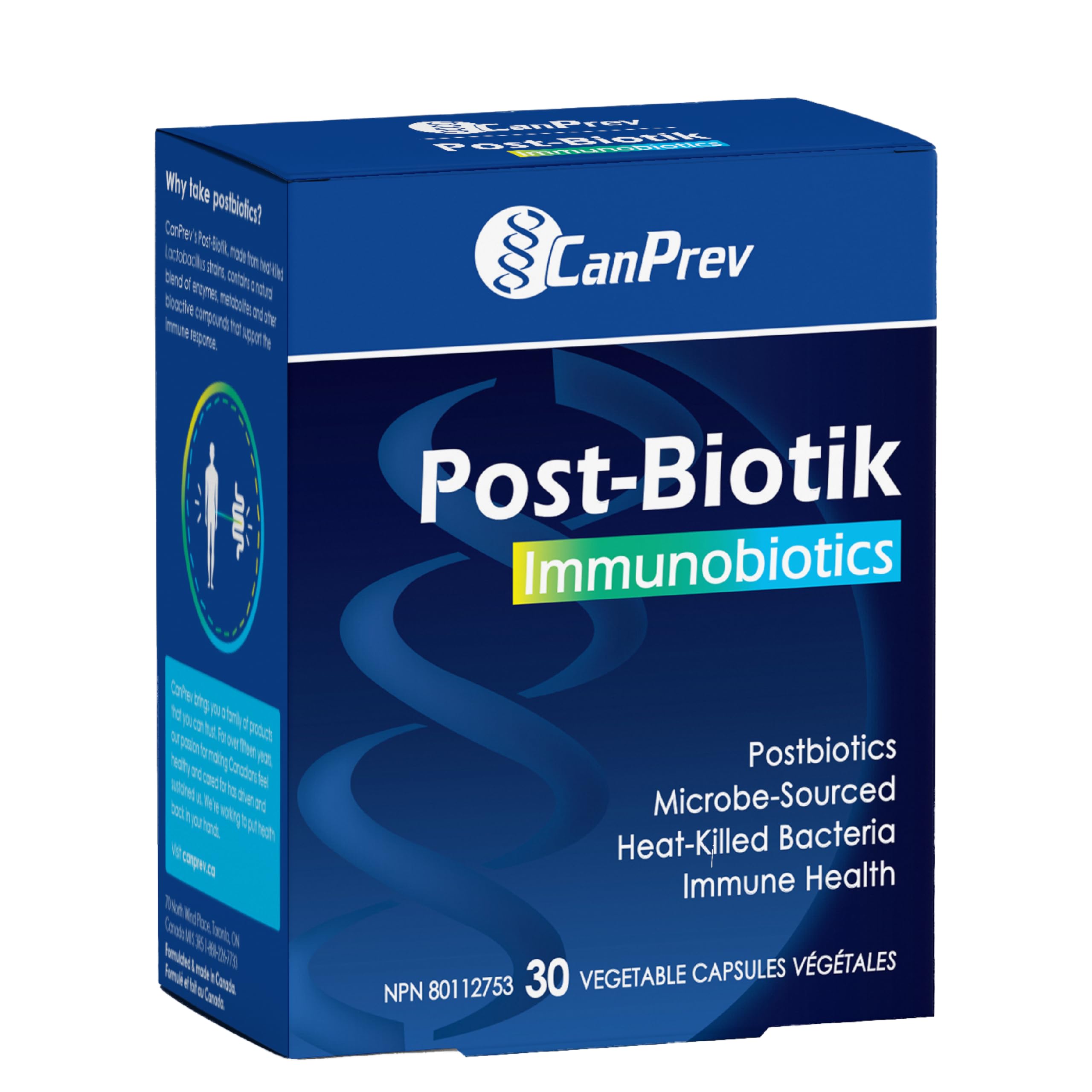 CanPrev Post-Biotik Immunobiotiques, 30 gélules végétales, approvisionnement de 30 jours - Postbiotique pour la santé intestinale - Soutien digestif et immunitaire - Enzymes pour supplément de digestion - Microbiome intestinal Lactobacillus Plantarum