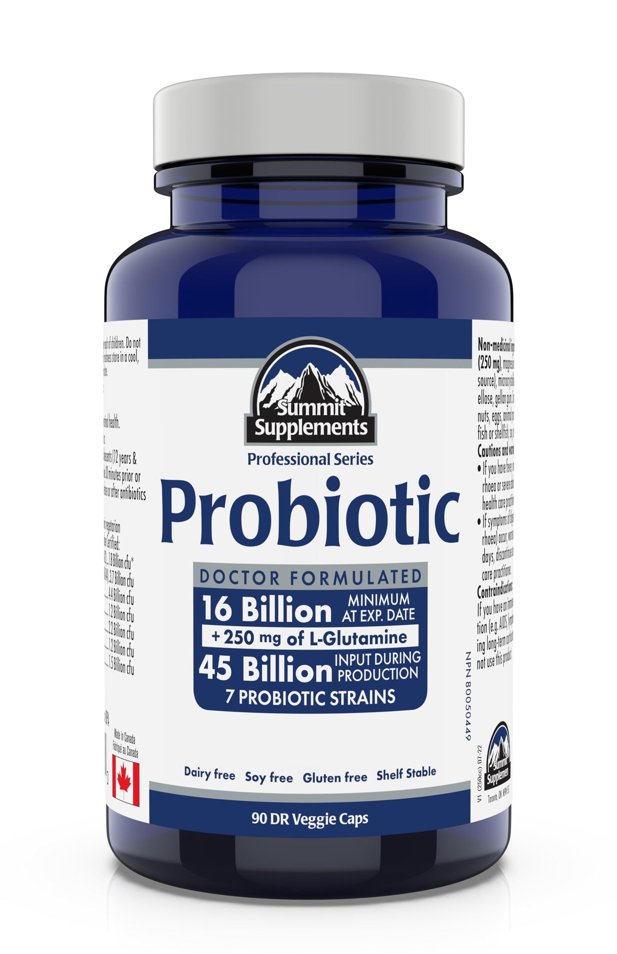 Probiotic Supplement 45 Billion CFU, 90 DR Veggie Caps with 250 mg L-Glutamine 90-Day Supply, 7 Strains for Gut Health and IBS Relief - Dairy, Soy & Gluten-Free, Proudly Canadian, Plastic Negative