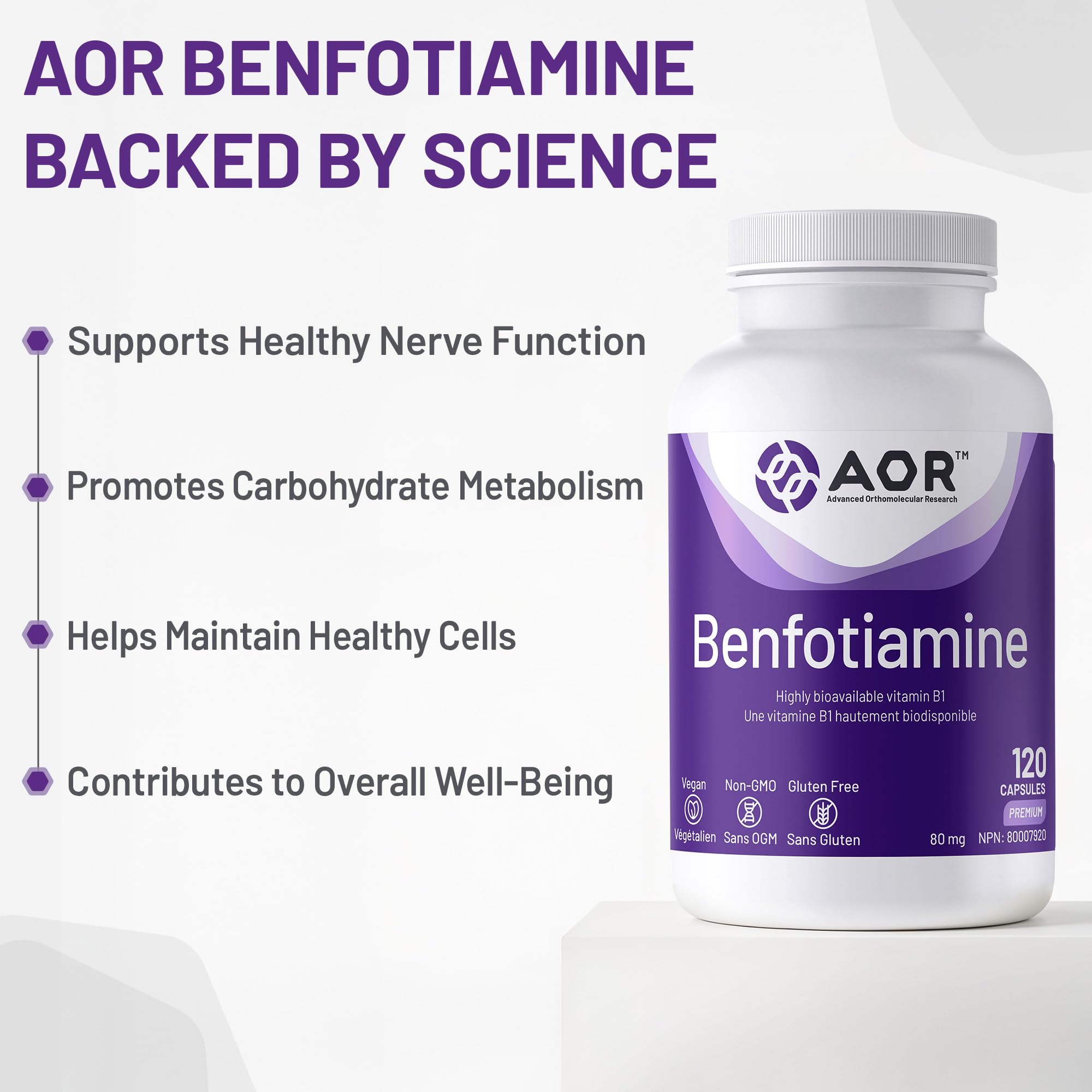 AOR Benfotiamine Vitamine B1 80mg 120 Gélules Fourniture de 120 Jours - Supplément de Complexe de Vitamines B - Végan, Sans OGM, Sans Gluten - Facile à Avaler - Soutient la Production d'Énergie, un Métabolisme Sain et la Circulation