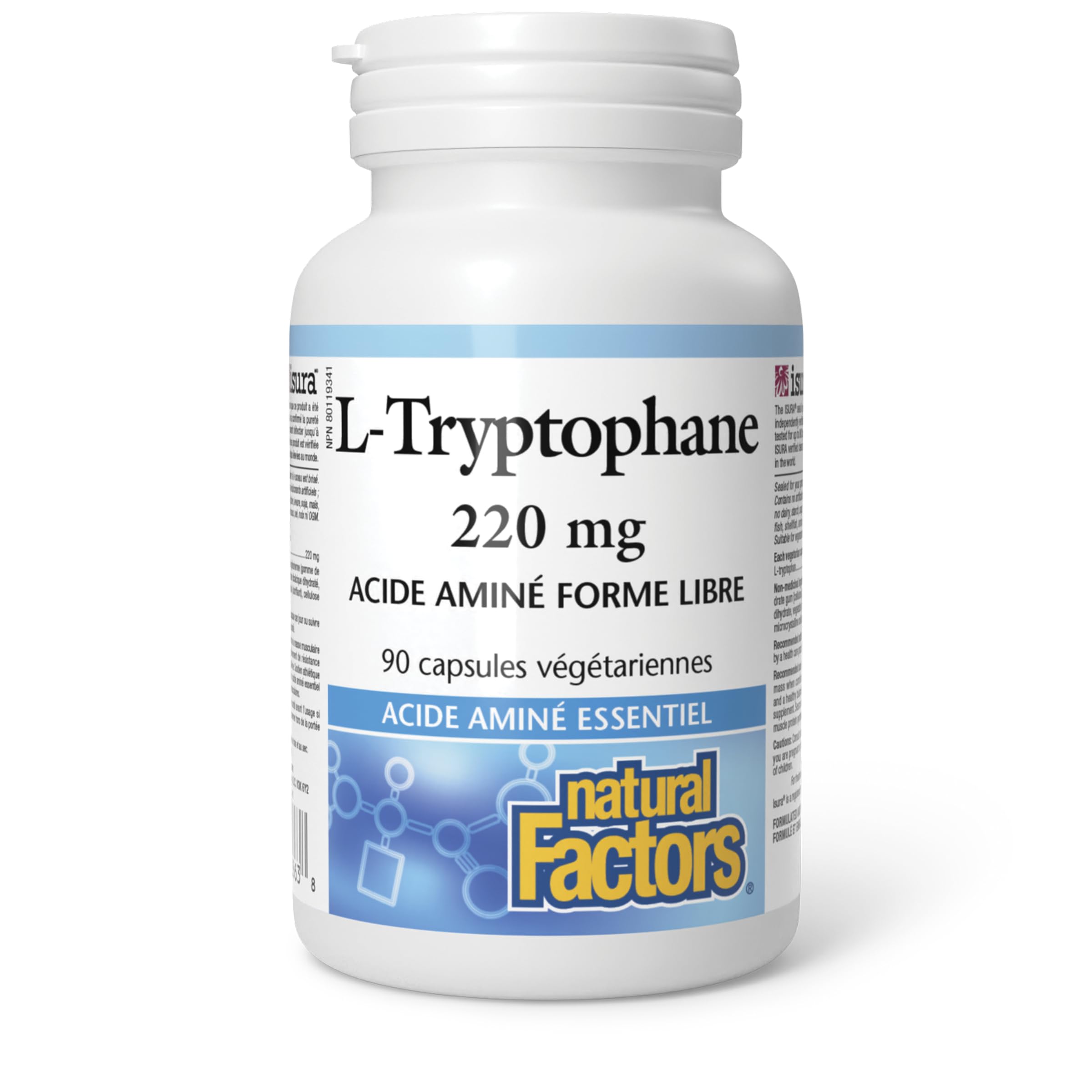 Natural Factors L-Tryptophan 220 mg, 90 Vegetarian Capsules, Free Form Amino Acid, Highly Absorbable, Naturally Fermented, Vegetarian Source, Builds Lean Muscle Mass, Proudly Canadian