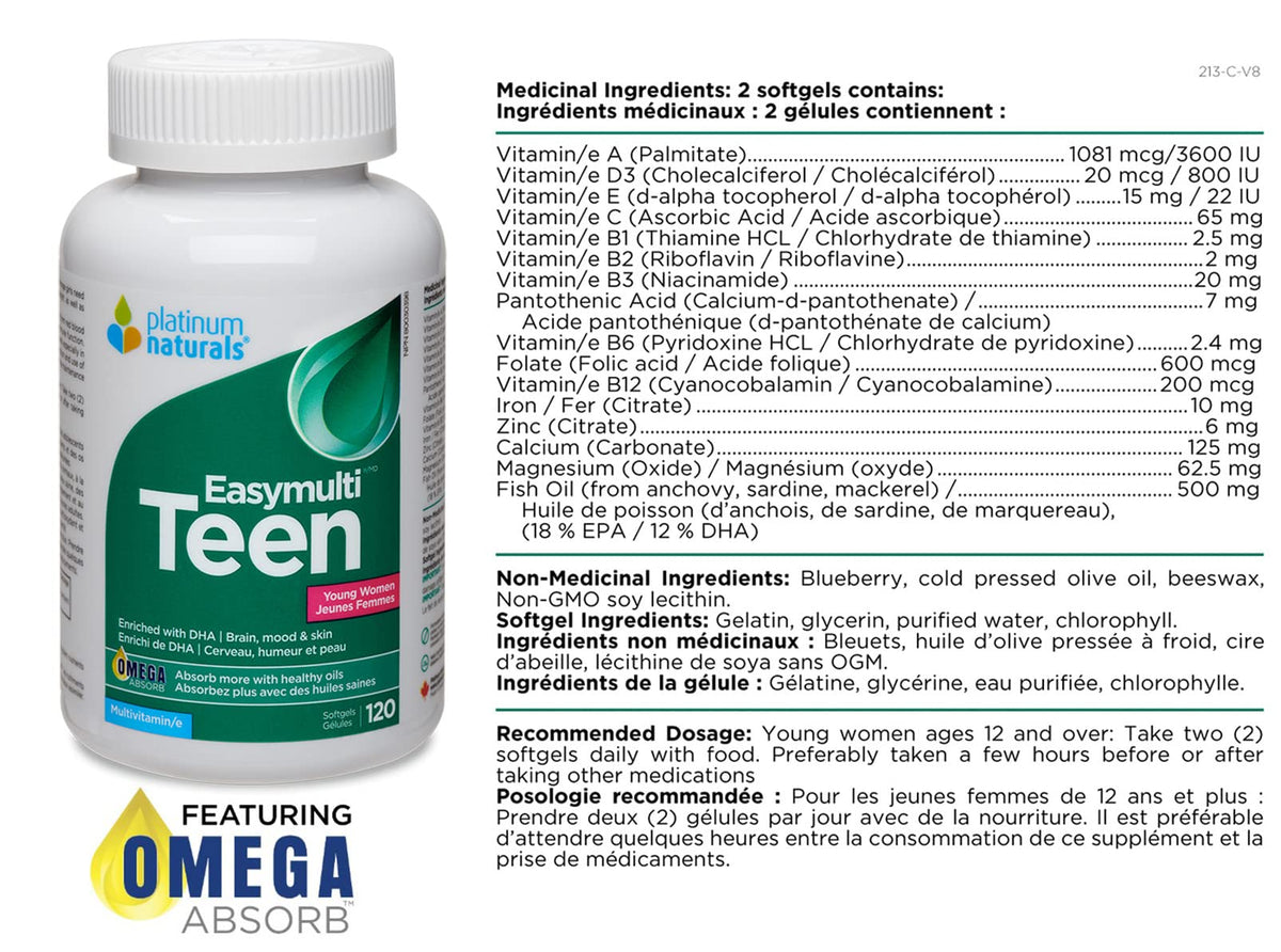Platinum Naturals - Easymulti Teen for Young Women | DHA | Brain & Skin