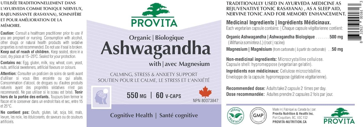 Provita Ashwagandha Bio - Soulage le stress et l'anxiété, améliore la mémoire et favorise le sommeil (60 gélules)