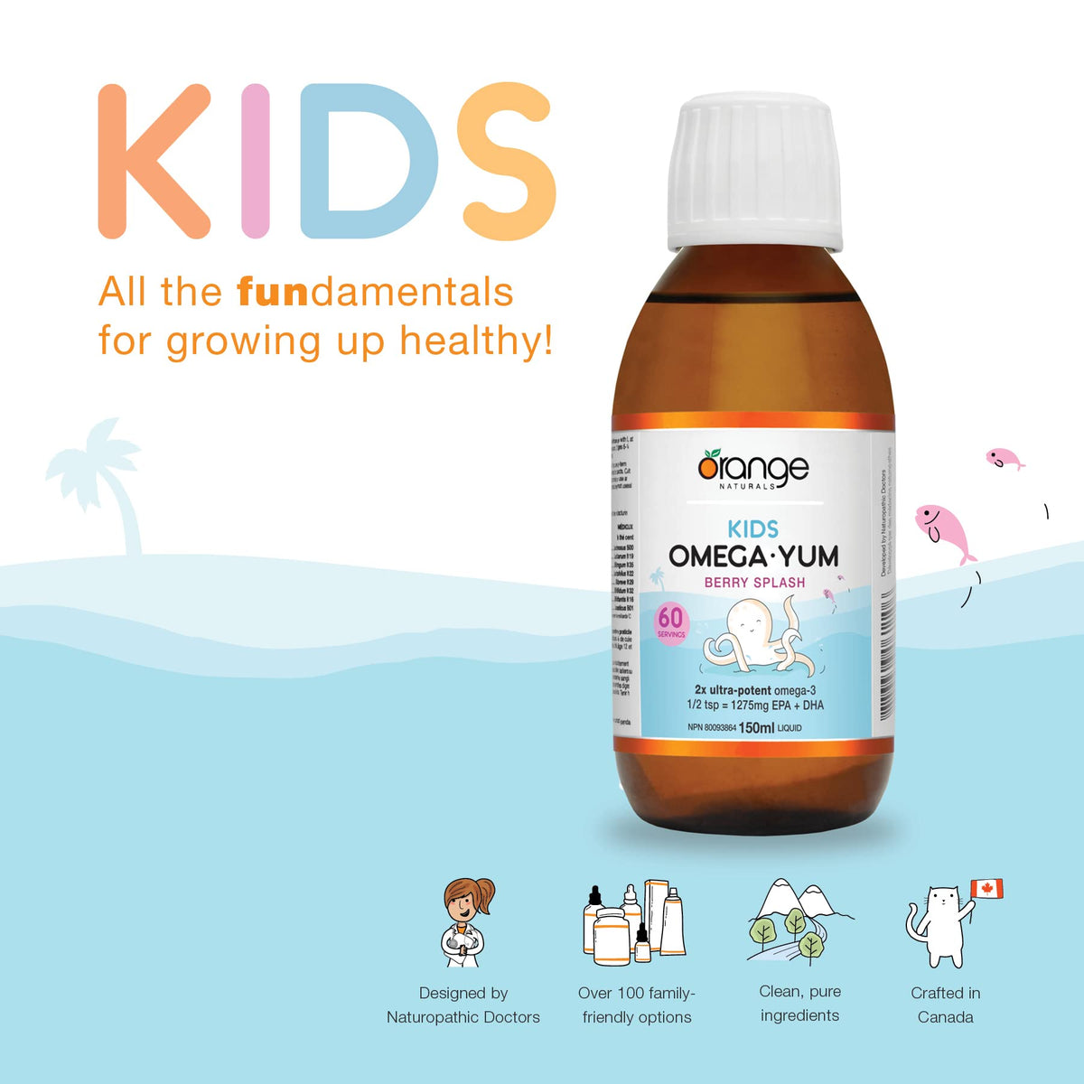 Orange Naturals Kids Omega-3 Yum Liquid 150ml 60 Servings, Berry Splash Flavor, Fish Oil Supplement, Omega-3 EPA & DHA, Helps Maintain Brain Function & Development, Suitable for Ages 1-18, Gluten-Free