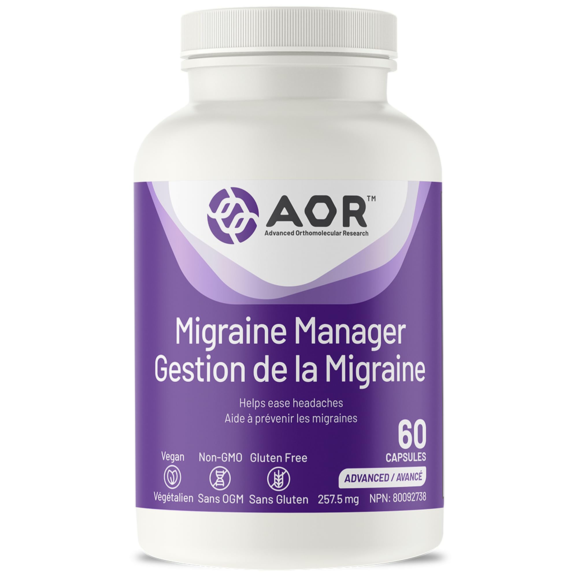 AOR Migraine Manager 60 Caps 30-Day Supply - Balanced Support with Riboflavin, Feverfew Extract & Magnesium Citrate - Brain Health Supplement for Adults - Natural Calm for Head Comfort & Sleep Support