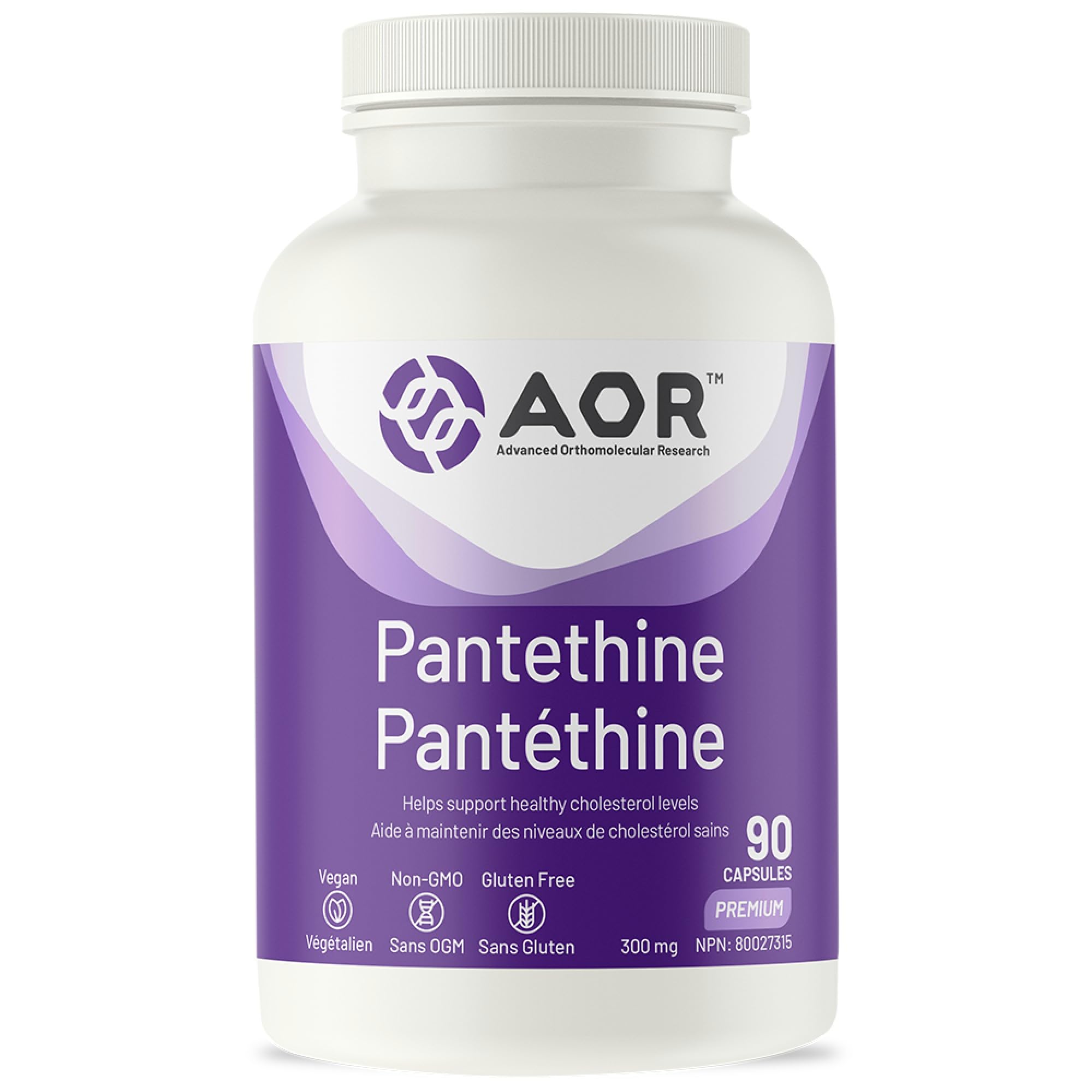 AOR - Pantéthine 300 mg Supplément végétalien, 90 capsules pour 30 jours - Forme active de vitamine B5 (acide pantothénique) - Soutient la fonction surrénale et le taux de cholestérol - Idéal pour le soin du foie et le bien-être général