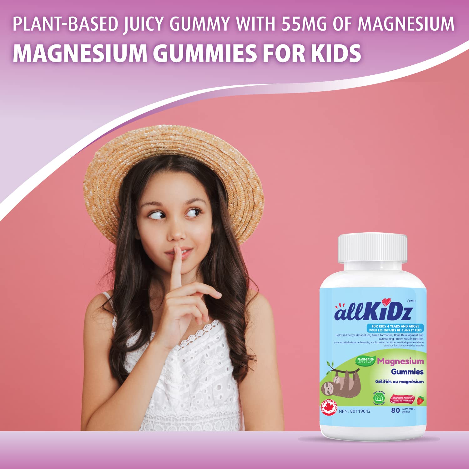 allKiDz Magnesium Gummies for Kids Children Sleep Mood Relaxing Supplement, Made in Canada, 55mg Magnesium Citrate per Gummy, Vegan Pectin Plant-based, Great Tasting Better Absorption, Raspberry Flavours, 80 Count