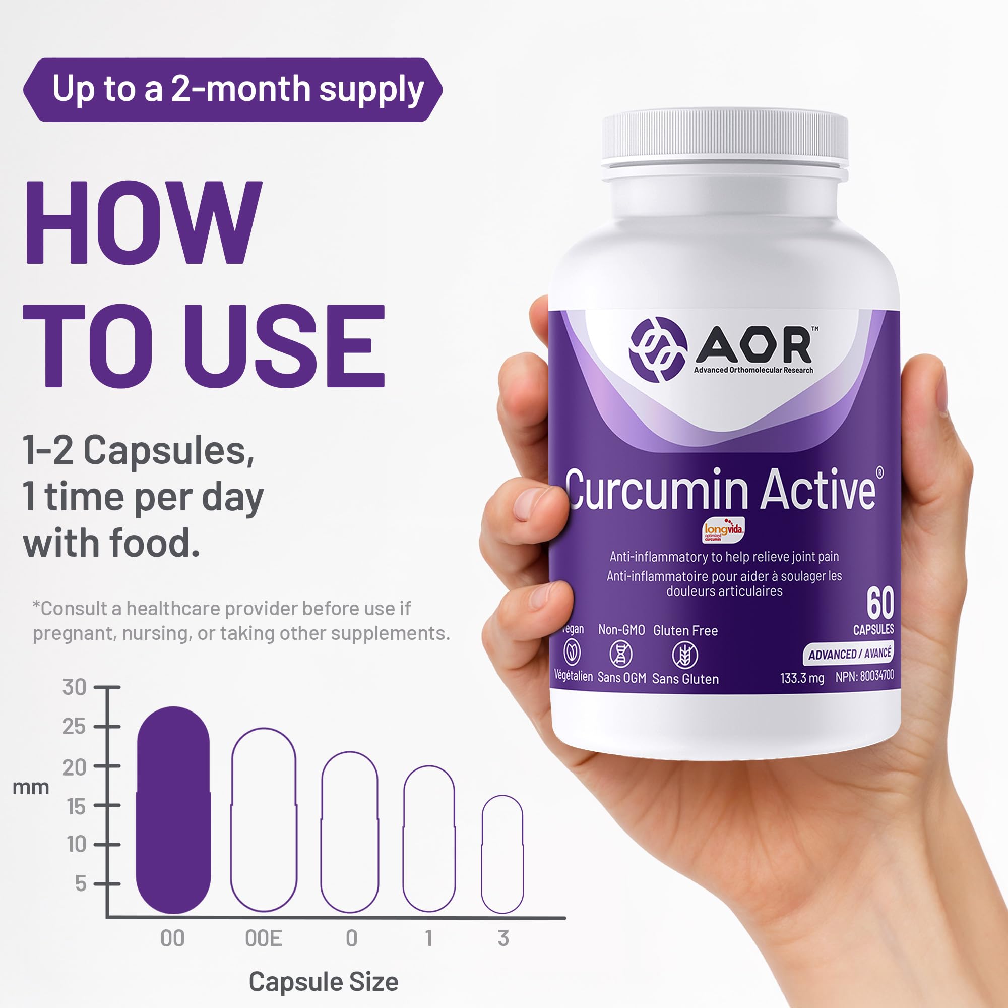 AOR Curcumin Active 133,3mg, 60 gélules (approvisionnement de 60 jours) - Végétalien, sans OGM et sans gluten - Absorption améliorée - Confort articulaire et soutien antioxydant