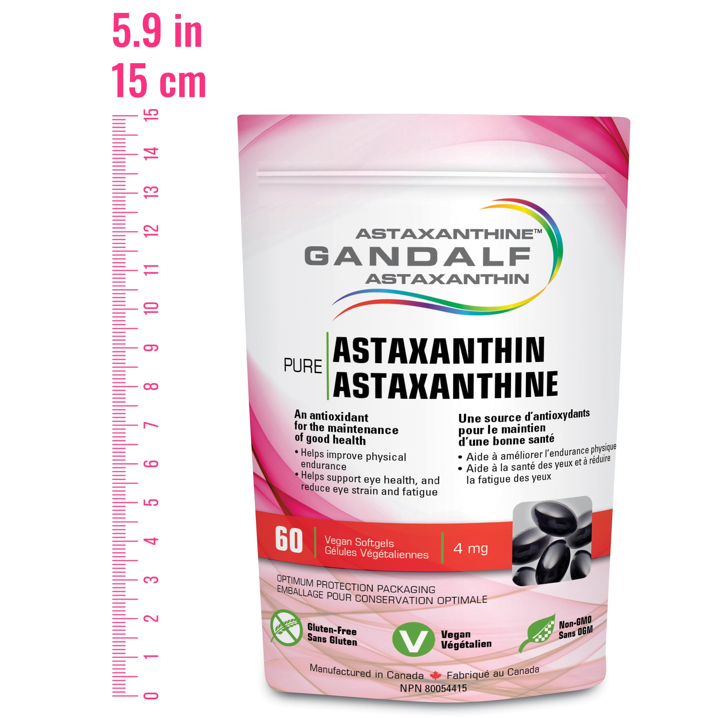 Gandalf Astaxanthine 4 mg, 60 gélules végétaliennes, cure de 30 jours – Complément pour la vision et le bien-être des articulations, favorise le confort oculaire et la souplesse, formule antioxydante, cultivé et fabriqué au Canada, sans OGM