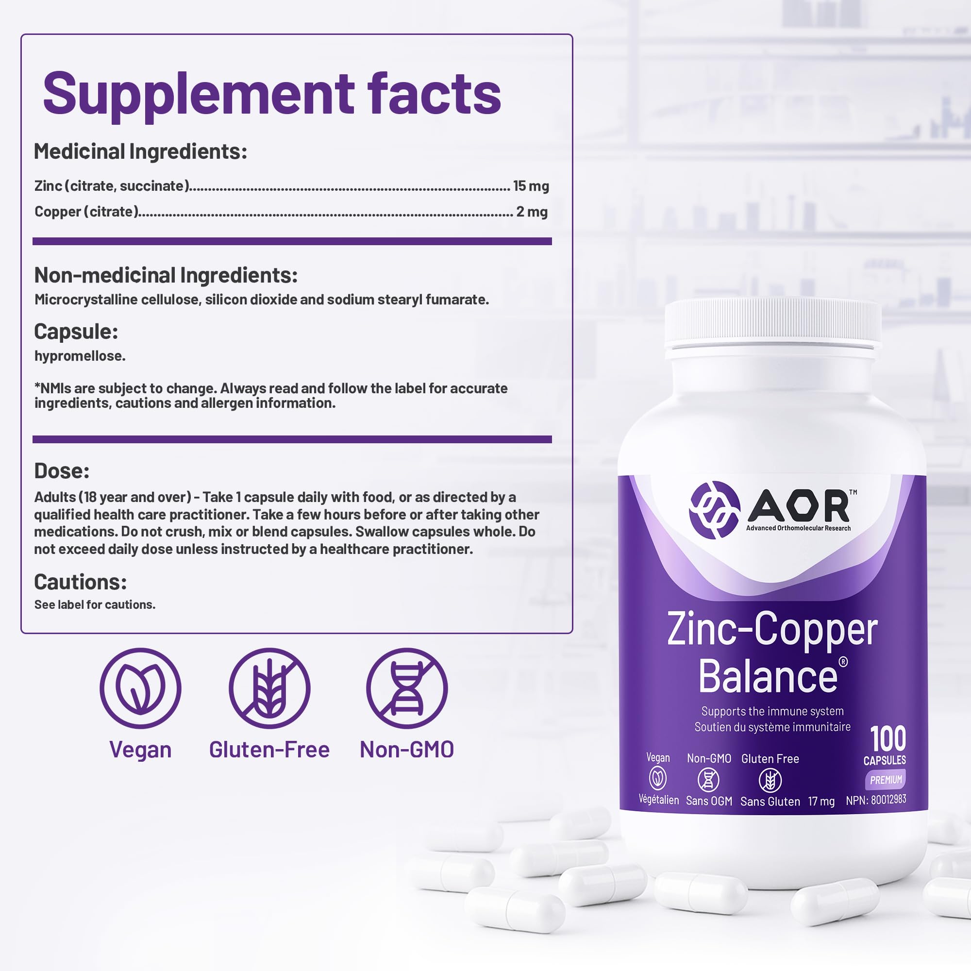 AOR Zinc Copper Balance 17mg, 100 V-Caps, 100-Day Supply - Nutrient Support for Skin, Hair, Bone & Overall Wellness, NON-GMO & Gluten-Free, Easy-to-Swallow, Zinc & Copper Supplements for Men & Women