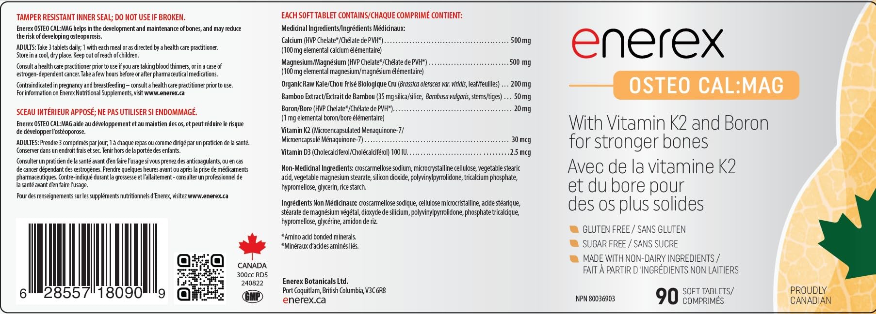 ENEREX - Ostéo Cal:Mag - Sans gluten et sans produits laitiers - Contribue au développement et au maintien des os - Calcium, magnésium, chou frisé cru biologique, extrait de bambou, bore, vitamine K2 et D3