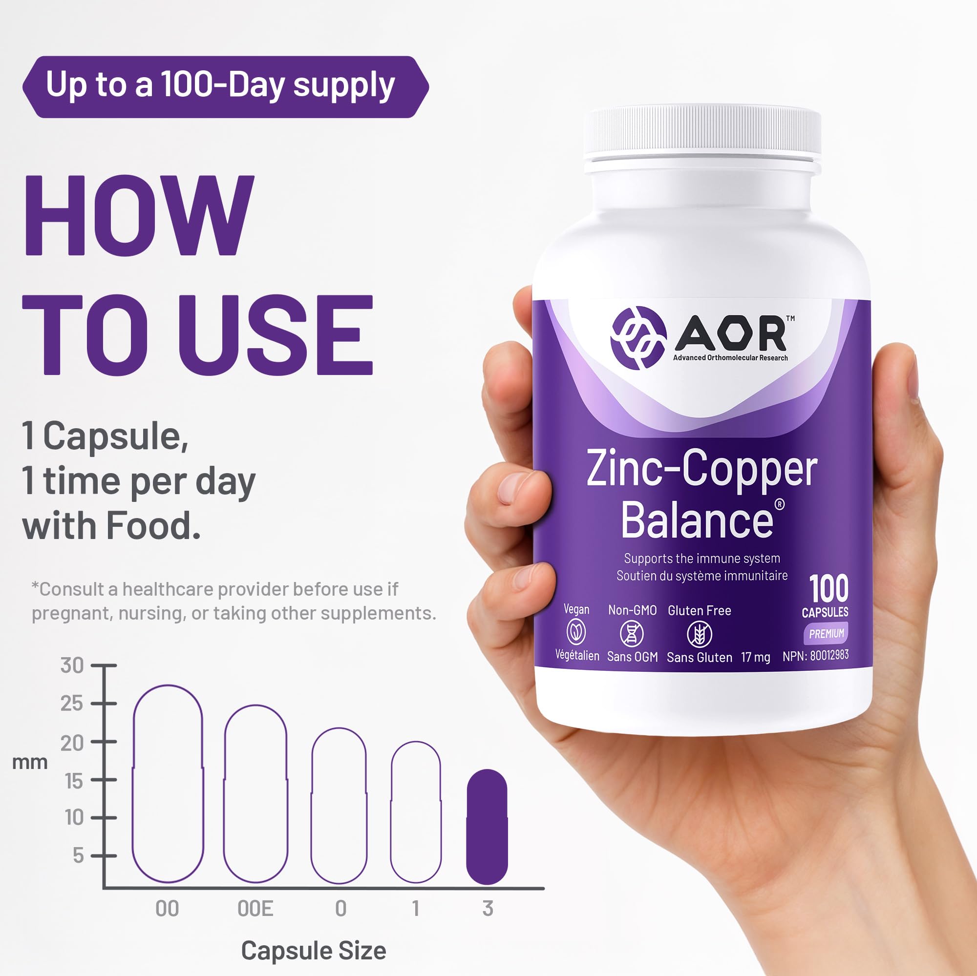 AOR Zinc Copper Balance 17mg, 100 V-Caps, 100-Day Supply - Nutrient Support for Skin, Hair, Bone & Overall Wellness, NON-GMO & Gluten-Free, Easy-to-Swallow, Zinc & Copper Supplements for Men & Women