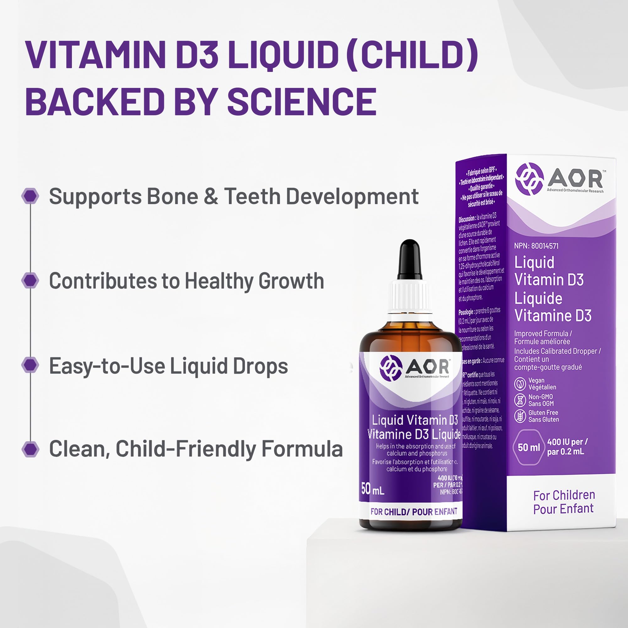 AOR Kids Vitamin D3 400 IU Drops 50 ml 250-Servings - Vegan, Non-GMO & Gluten-Free - Organic Cholecalciferol with Calcium for Children - No Preservatives or Sugar - Support for Strong Bones & Immune