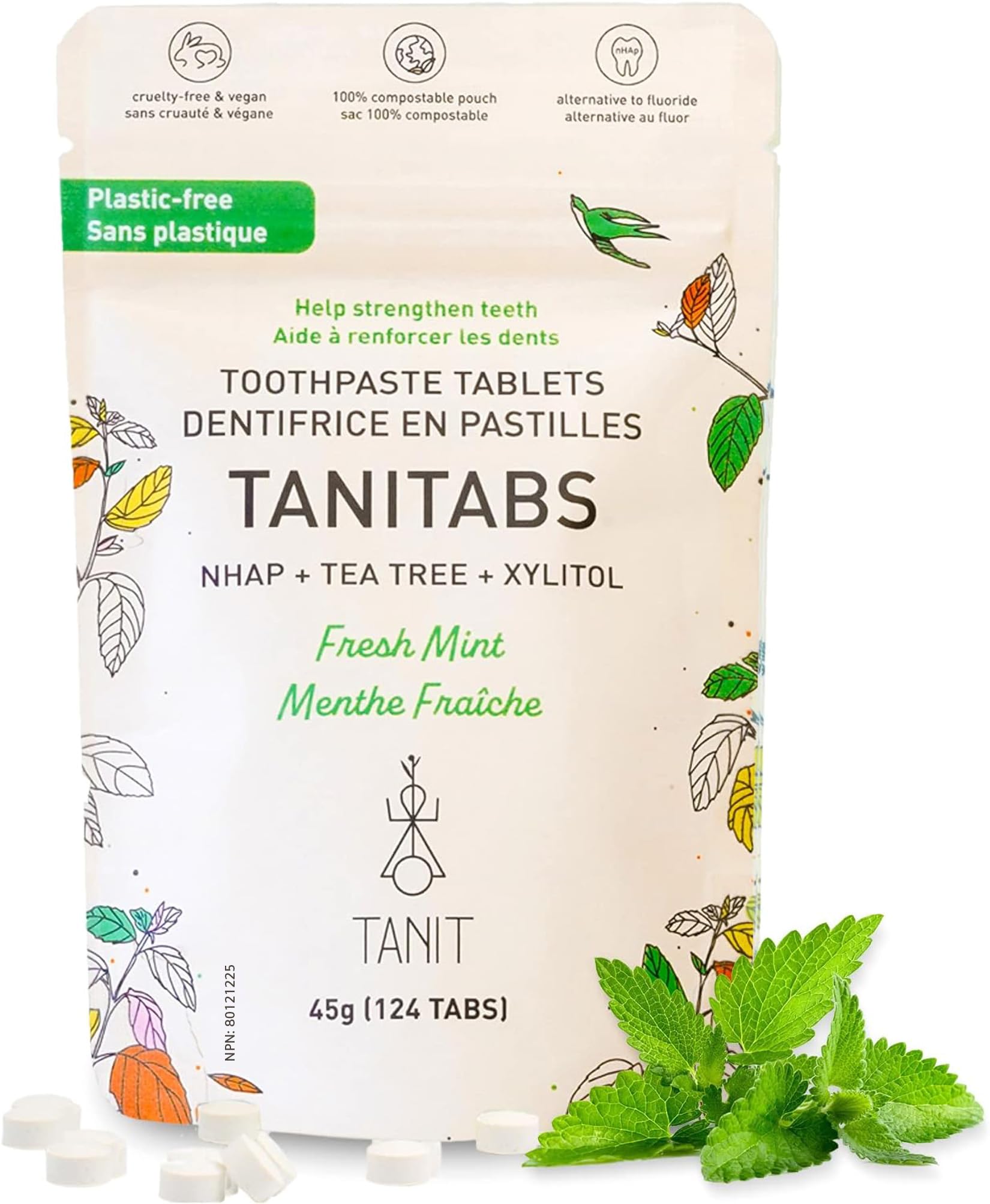 TANITABS Toothpaste Tablets with Hydroxyapatite & Xylitol, 124 Count, Fluoride-Free Toothpaste Tabs for Sensitive Teeth, Fresh Mint, Travel Toothpaste Tablets, Plastic-Free Refill Pack, Vegan