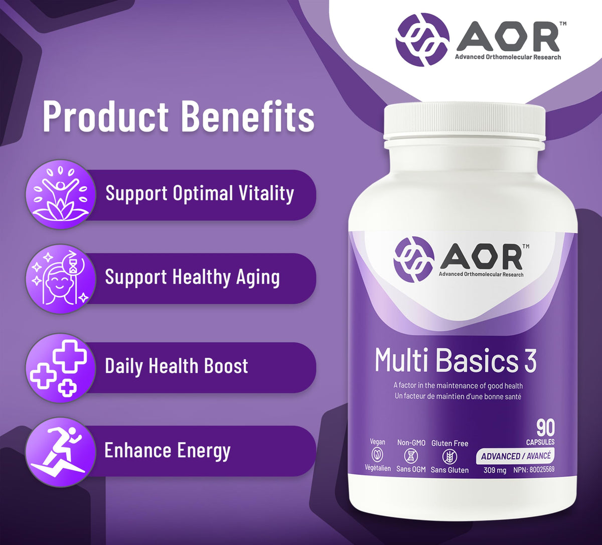 AOR Multi Basics 3 Adult Multivitamin, B Complex, Vitamin K2, 90 Capsules
