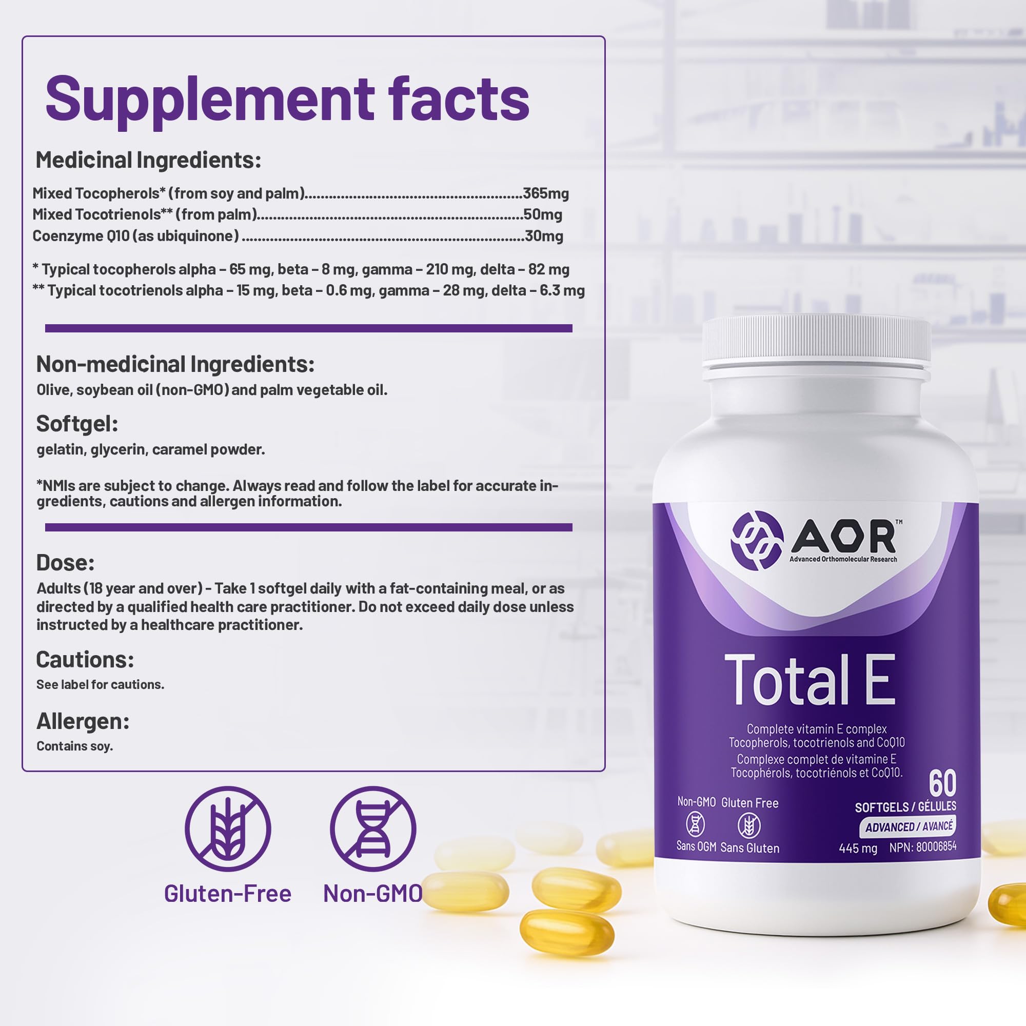 AOR Total E 445 mg, 60 gélules – Cure de 60 jours – Supplément de vitamine E avec tocotriénols et coenzyme Q10 ubiquinol CoQ10 – Soutien cardiovasculaire et antioxydant – Vitamine E8 pour la peau, le visage et les cheveux